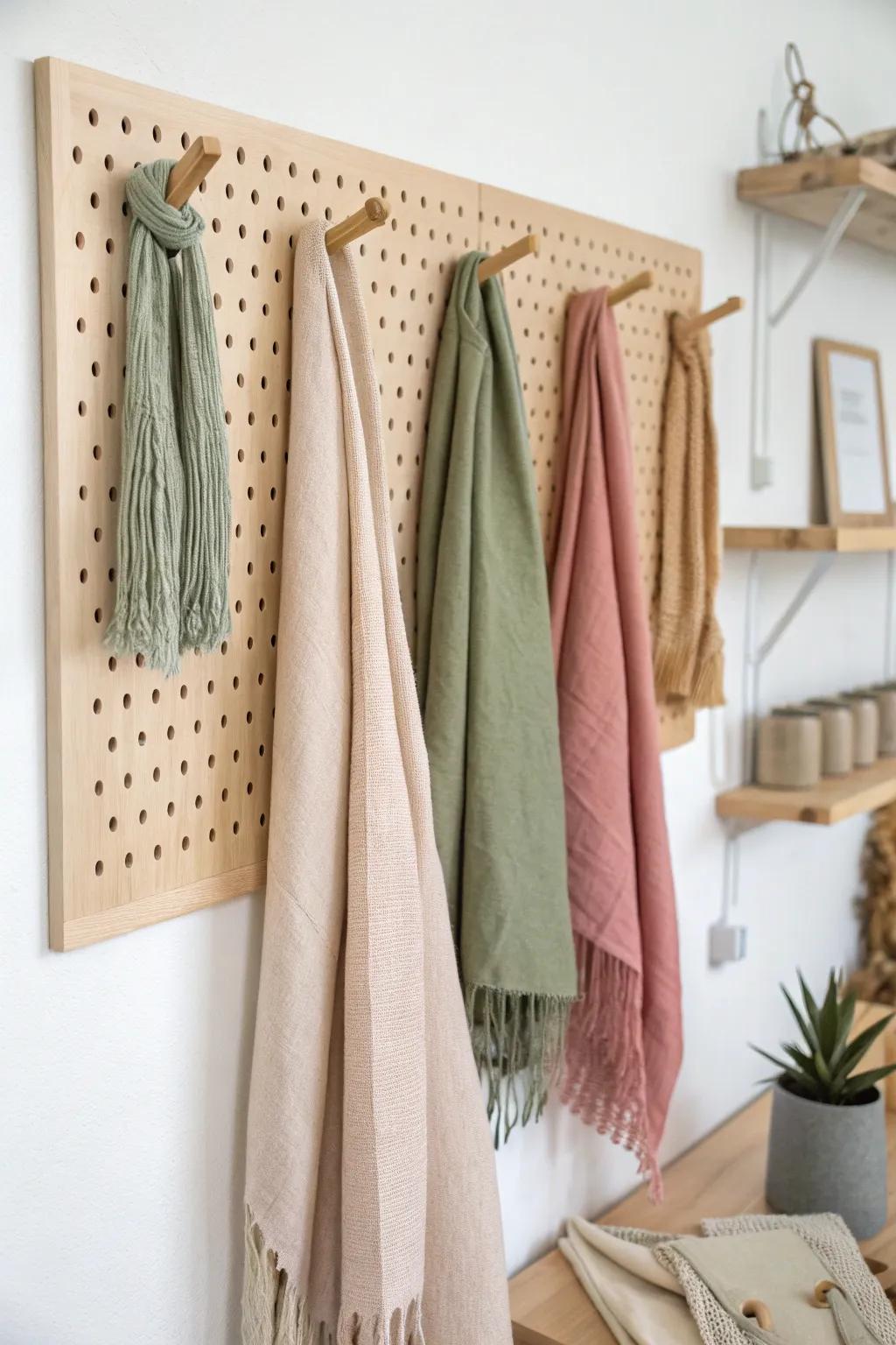 Transform your scarf collection into a work of art with a chic pegboard display.