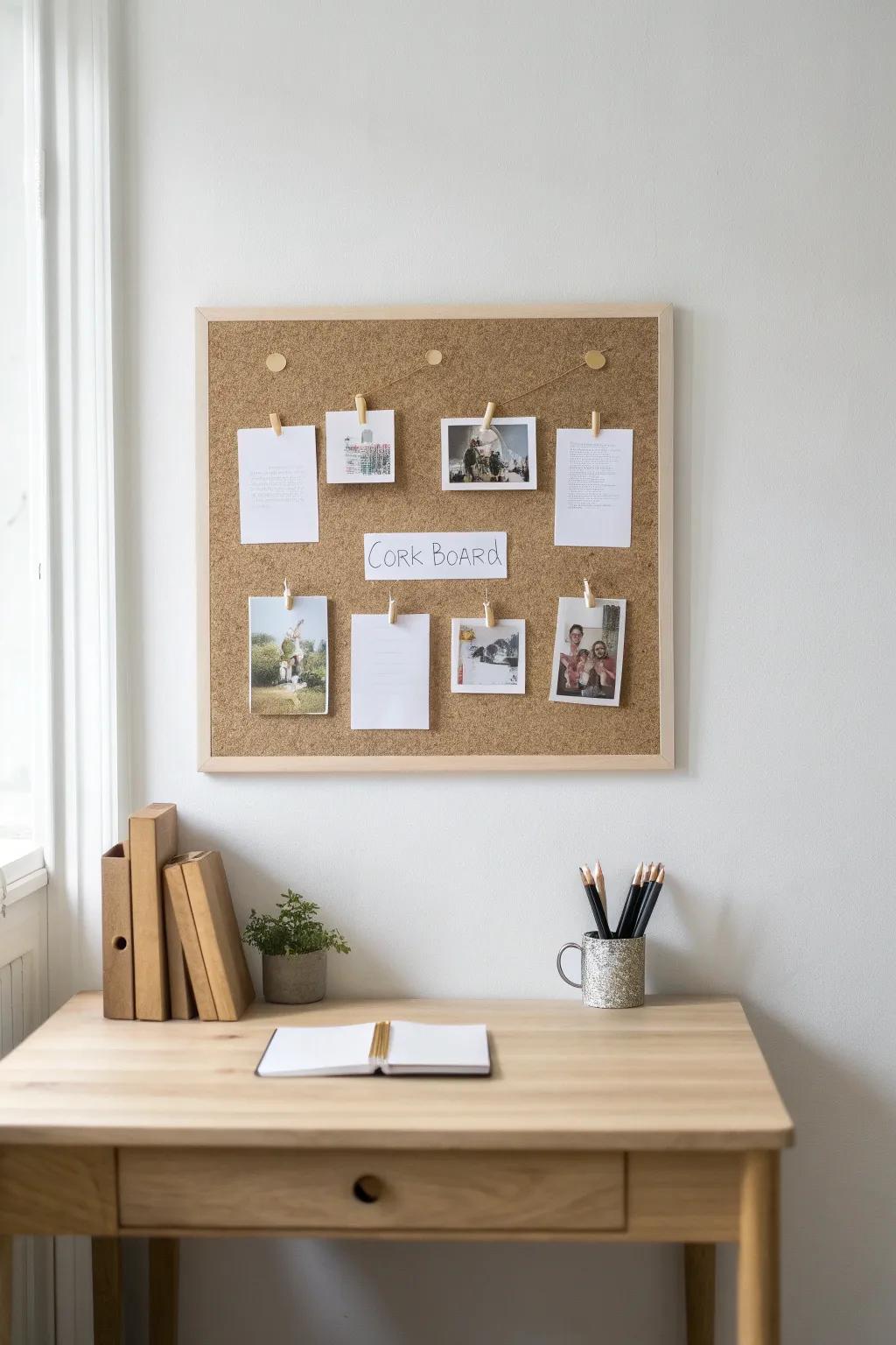 Elevate your workspace with a chic and artistic corkboard display that inspires creativity and simplicity.