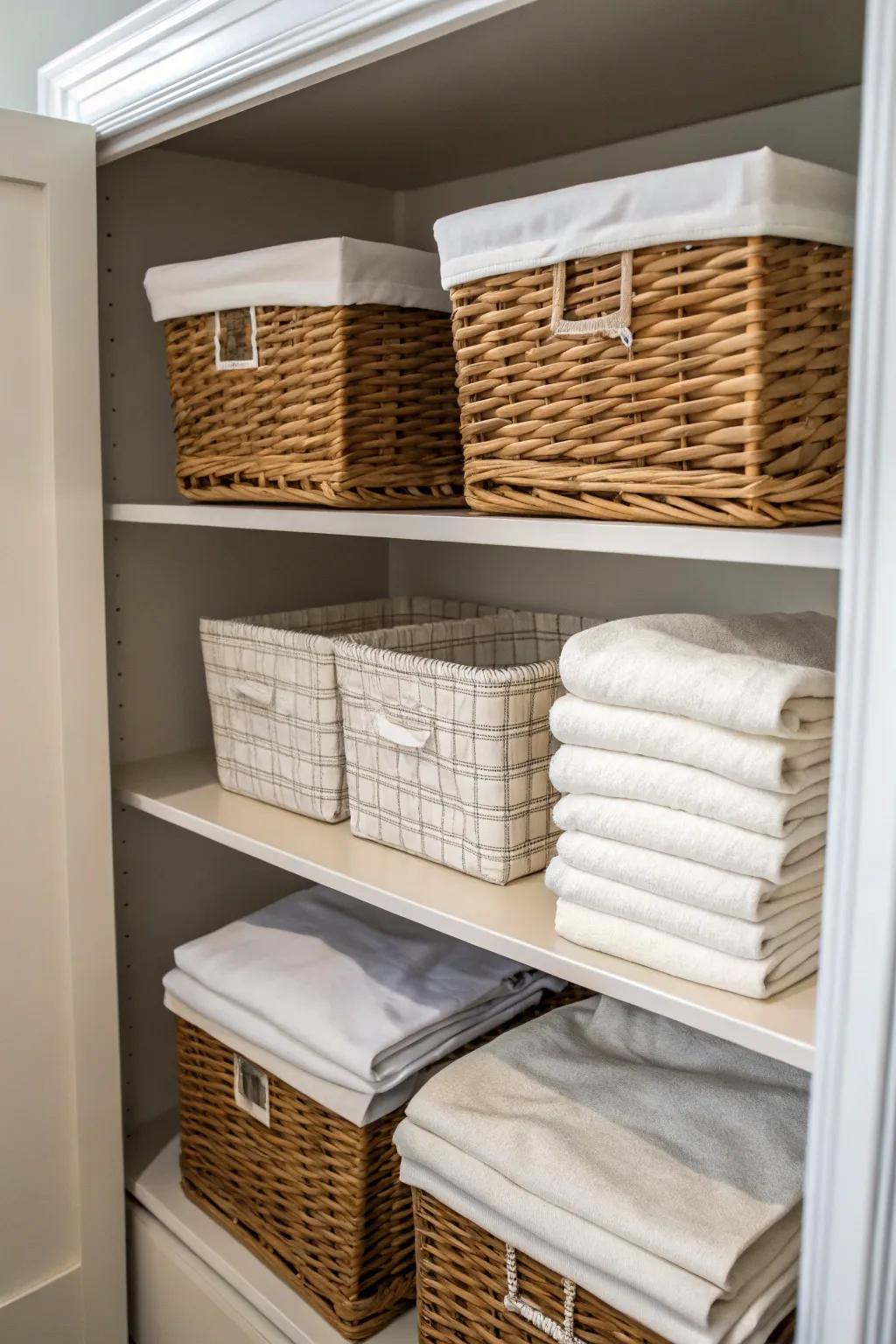 Interlocking baskets offer a compact and enchanting linen storage method.