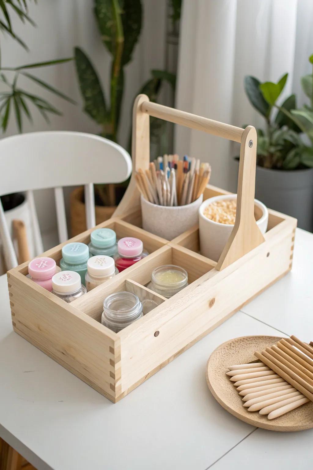 Organize your slime supplies with style and simplicity using a chic craft caddy.