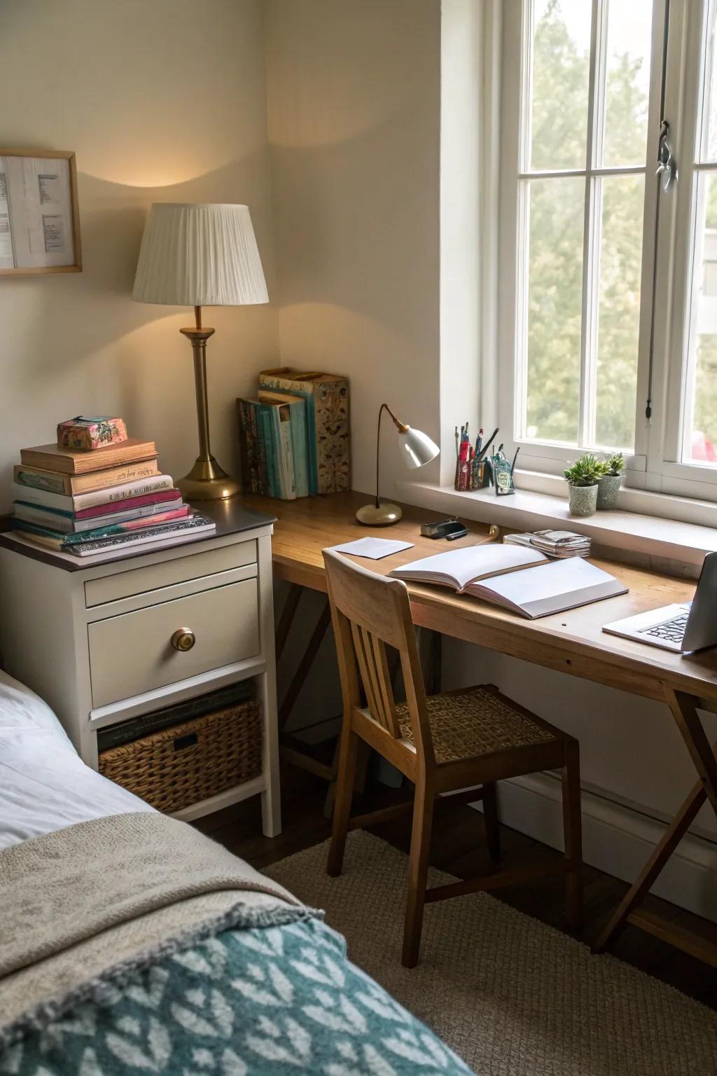 Positioning the desk opposite the bed fashions distinct labor and relaxation areas.