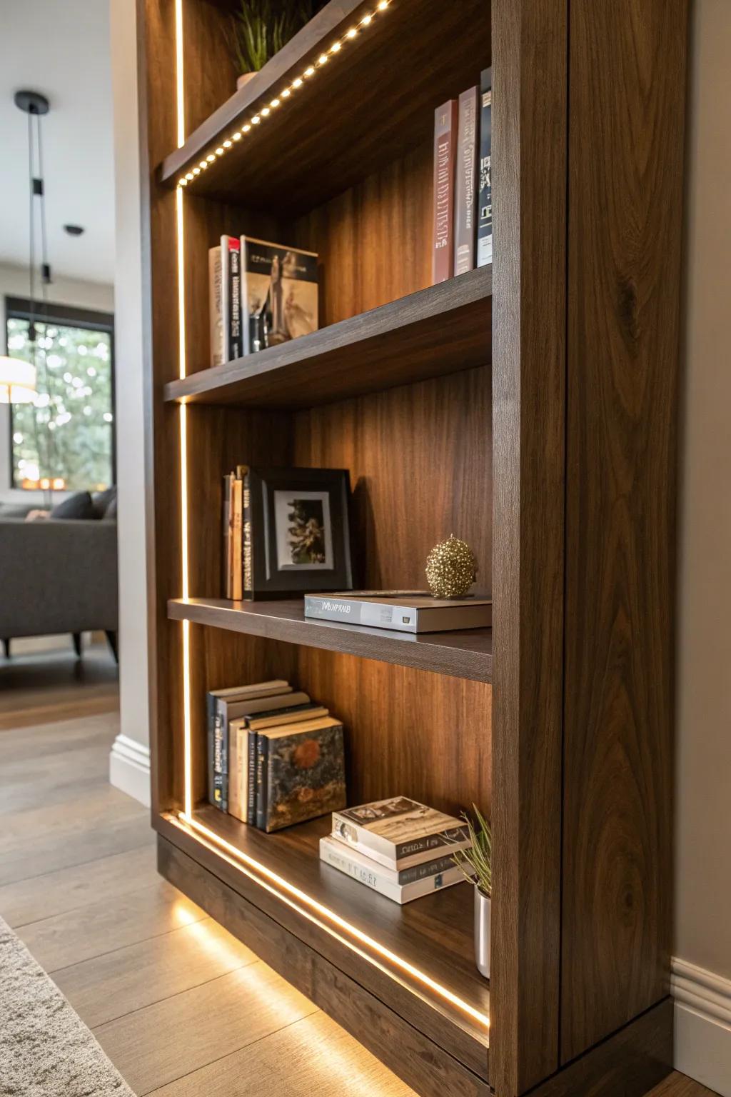 Illuminate your reads with aesthetic: DIY bookshelf with integrated LED illumination for the impeccable twilight ambiance.