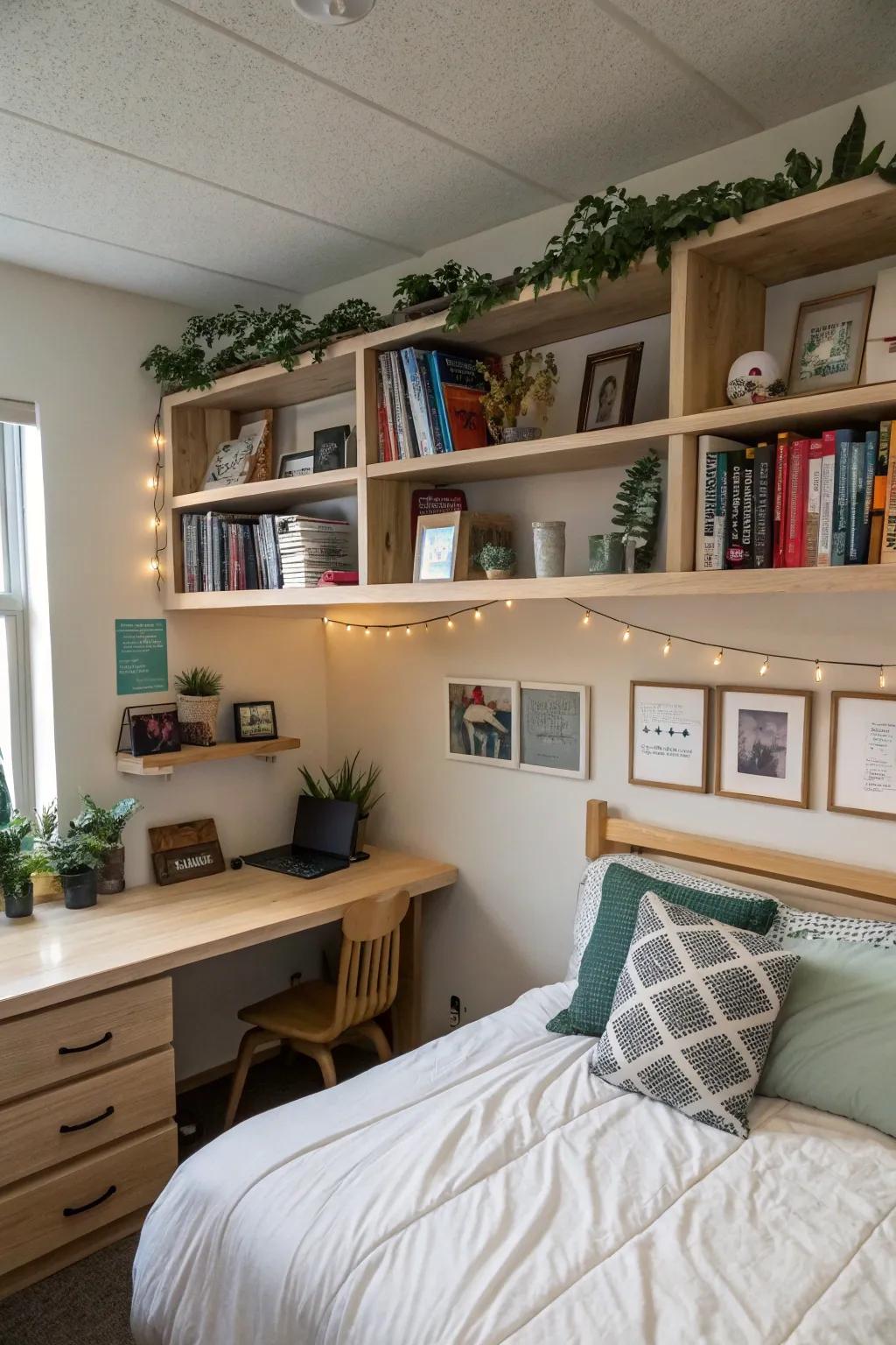 Overhead tiering provides extra area for books and decor.
