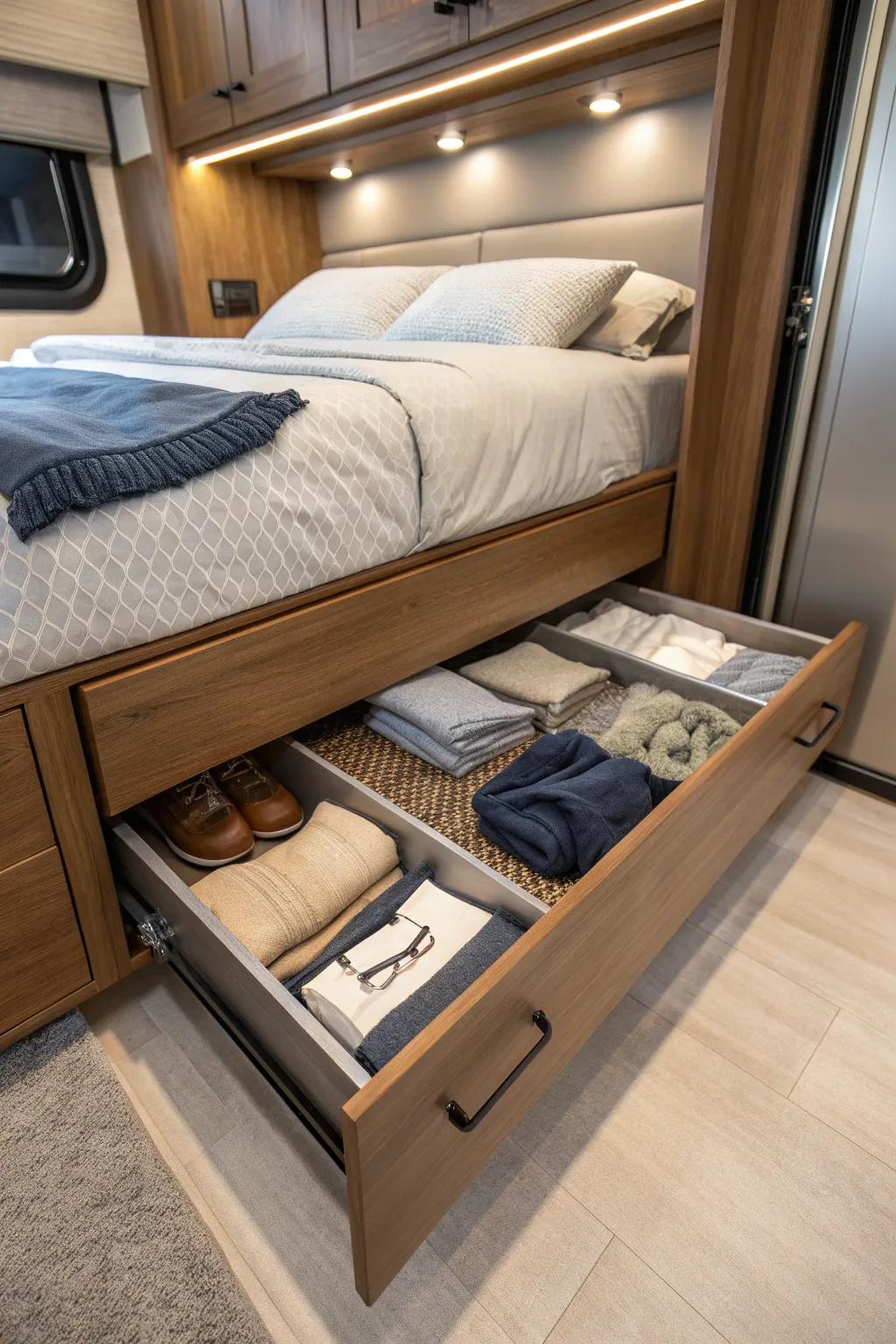 Maximize your space with chic beneath-bed stowage answers in your fifth wheel revamping.