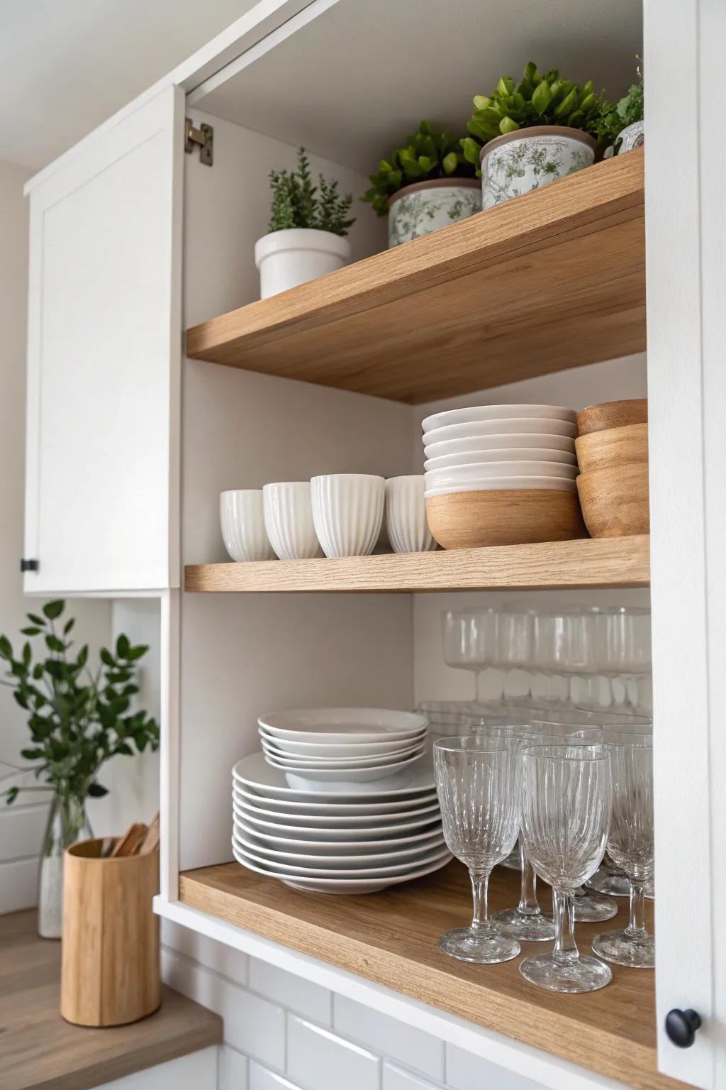 Elevate your kitchen's organization with stylish shelf elevators, adding a hint of minimalist allure.