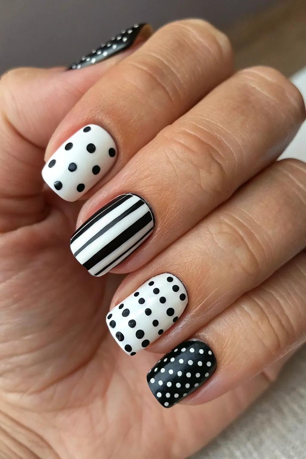 Revive the vintage allure with these arresting black and white square nails.