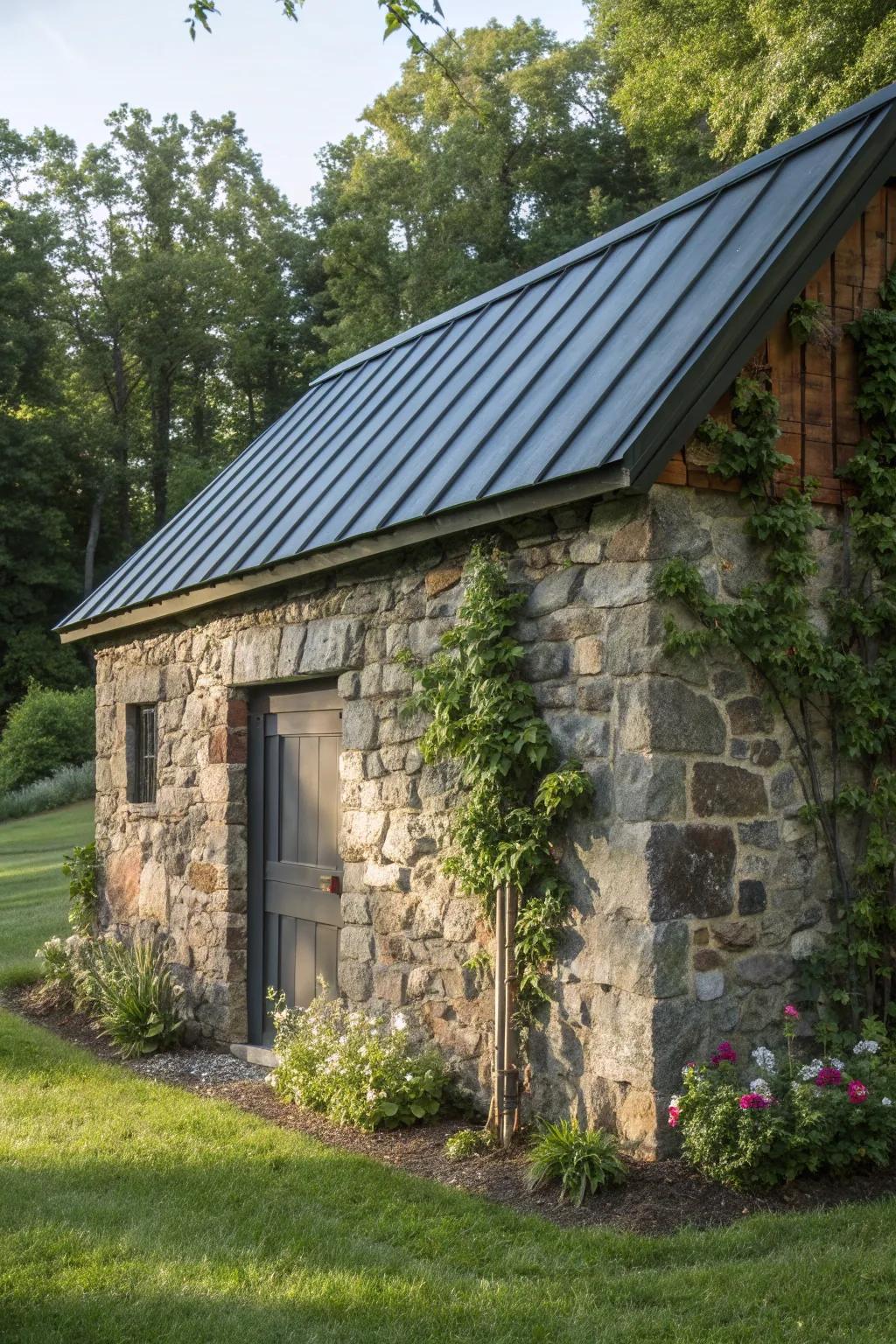 Endurance aligns with panache: A stone structure featuring a modern metallic rooftop.