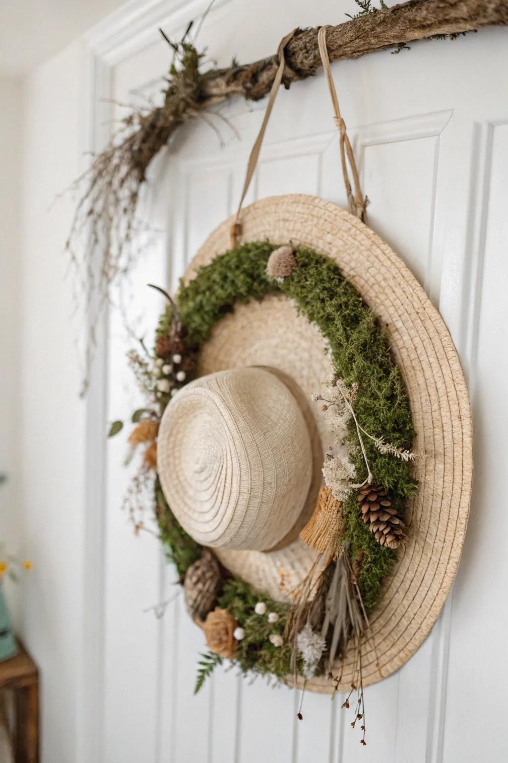 Embrace Nature's Palette: A breathtaking straw bonnet garland ushers the loveliness of the outdoors into your abode.
