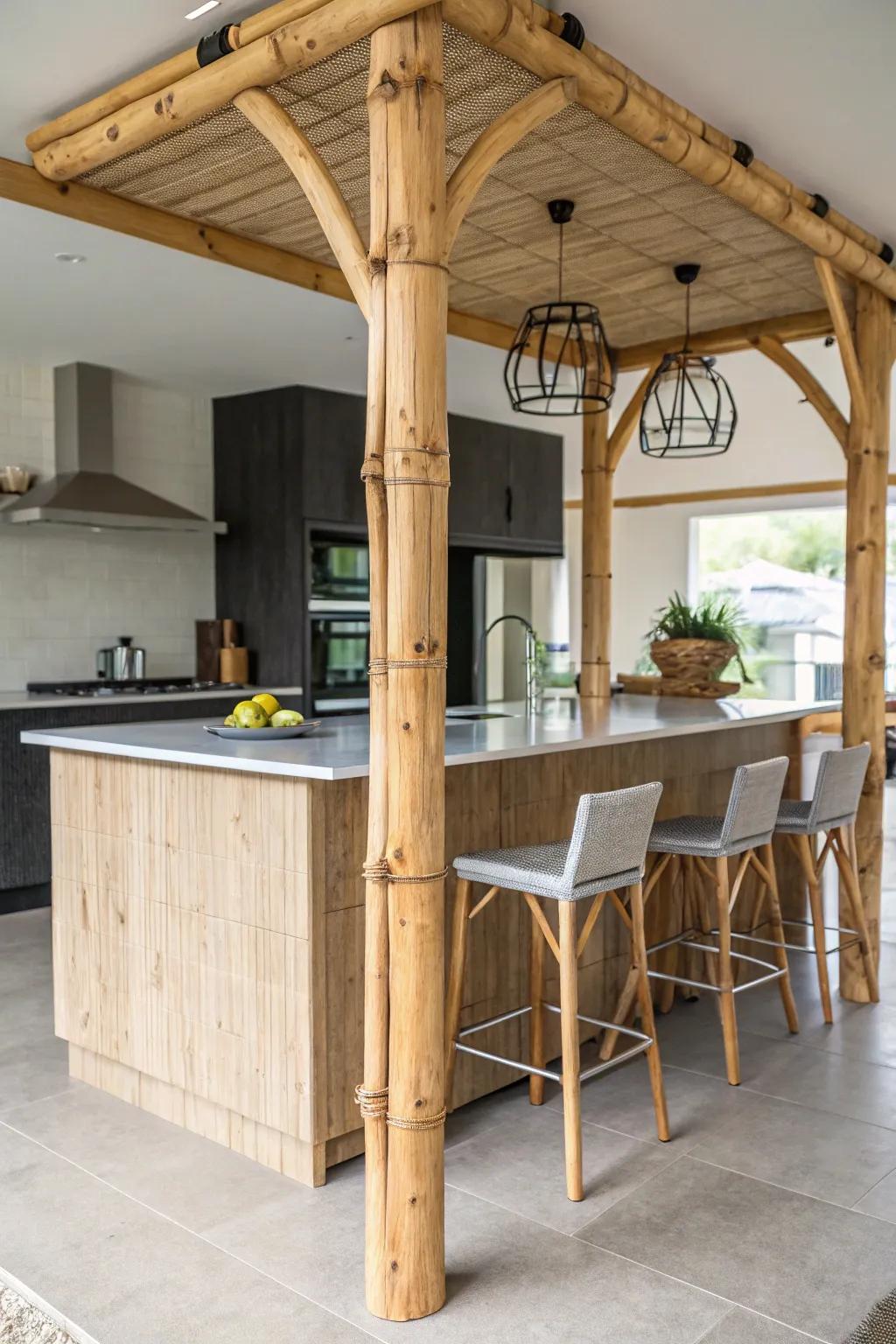 Sustainable bamboo posts and beams in a stylish kitchen.