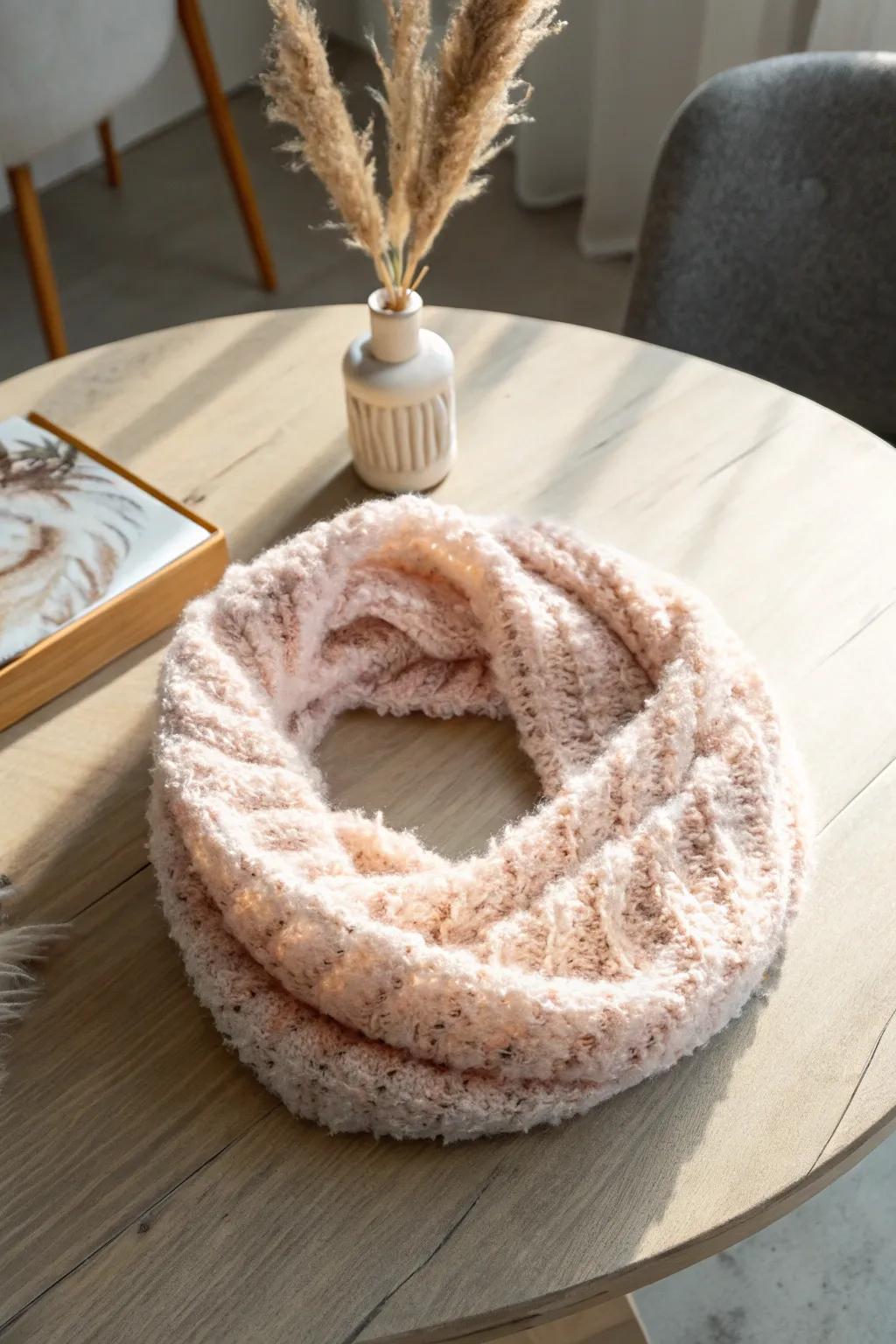 Wrap yourself in comforting elegance with this handmade soft circular wrap, a perfect blend of chic and comfort.