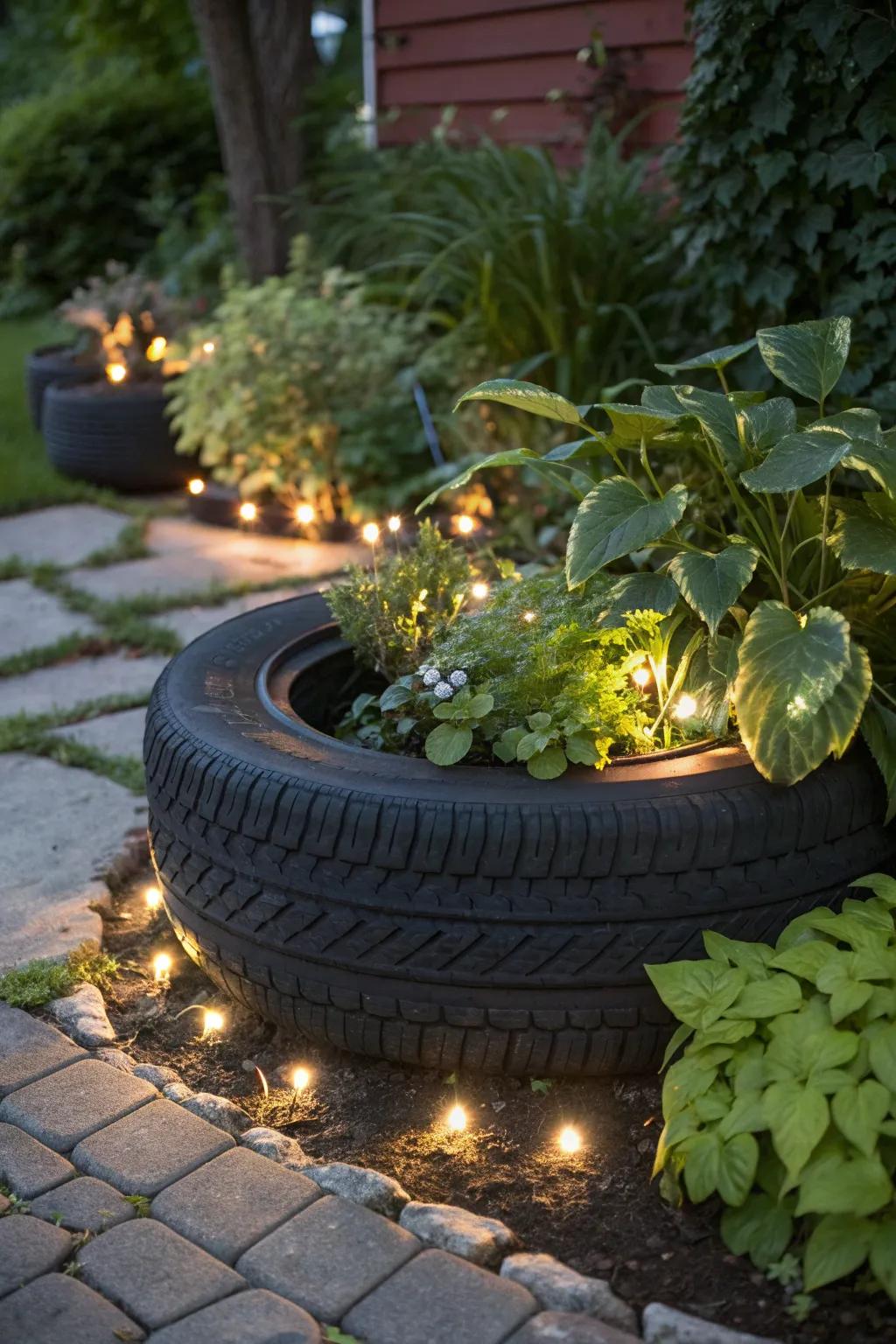Transform your garden with this sleek tire planter, complete with solar lights for a captivating shine.