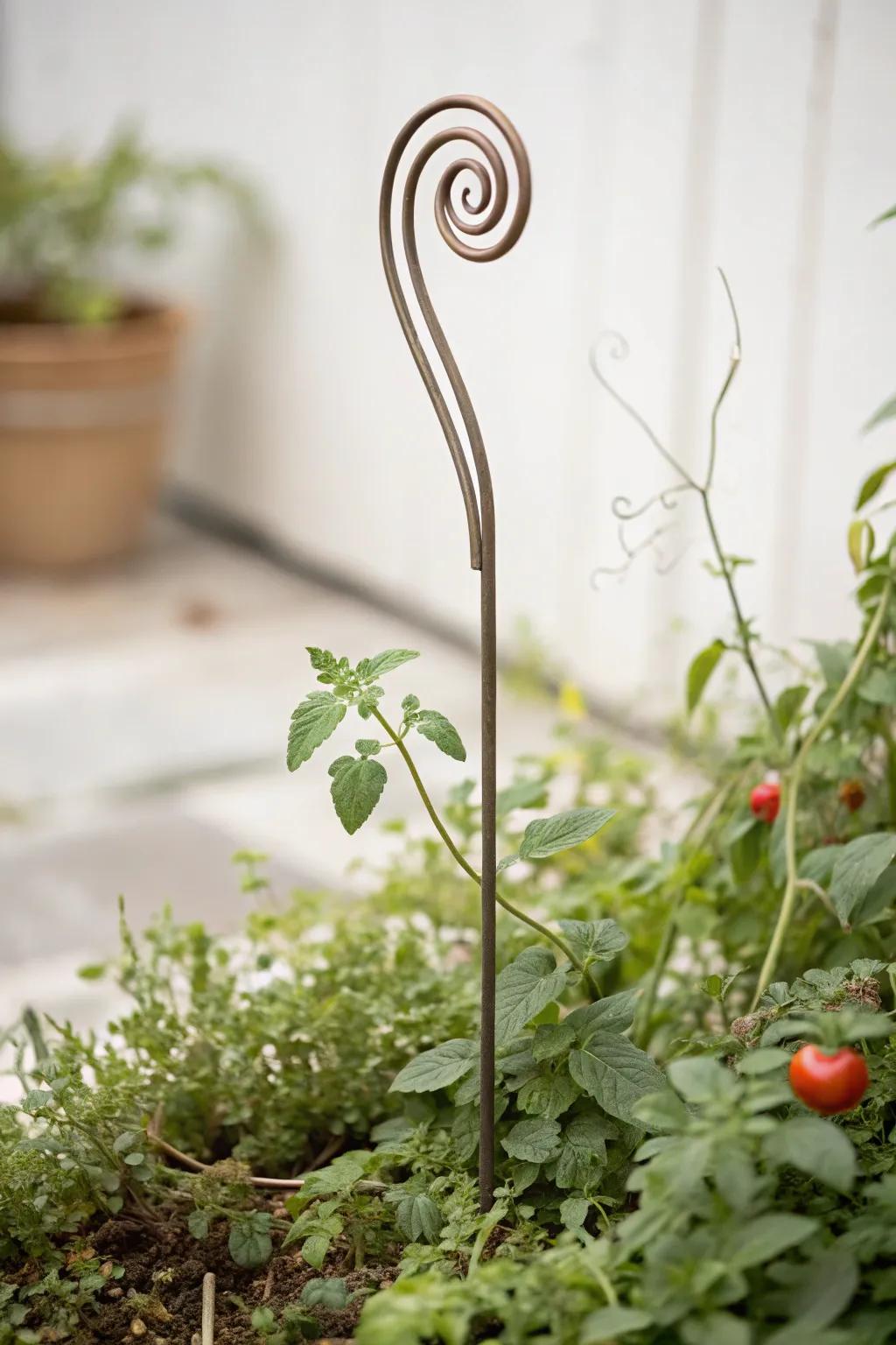 Elevate your garden with whimsical elegance: Coiled Metal Supports for effortless tomato support.