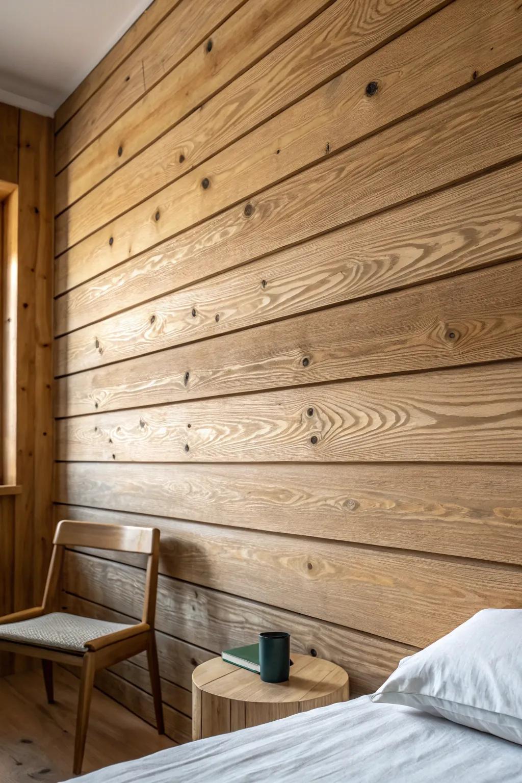 Embrace tranquility with stunning tongue and groove walls in your boudoir.