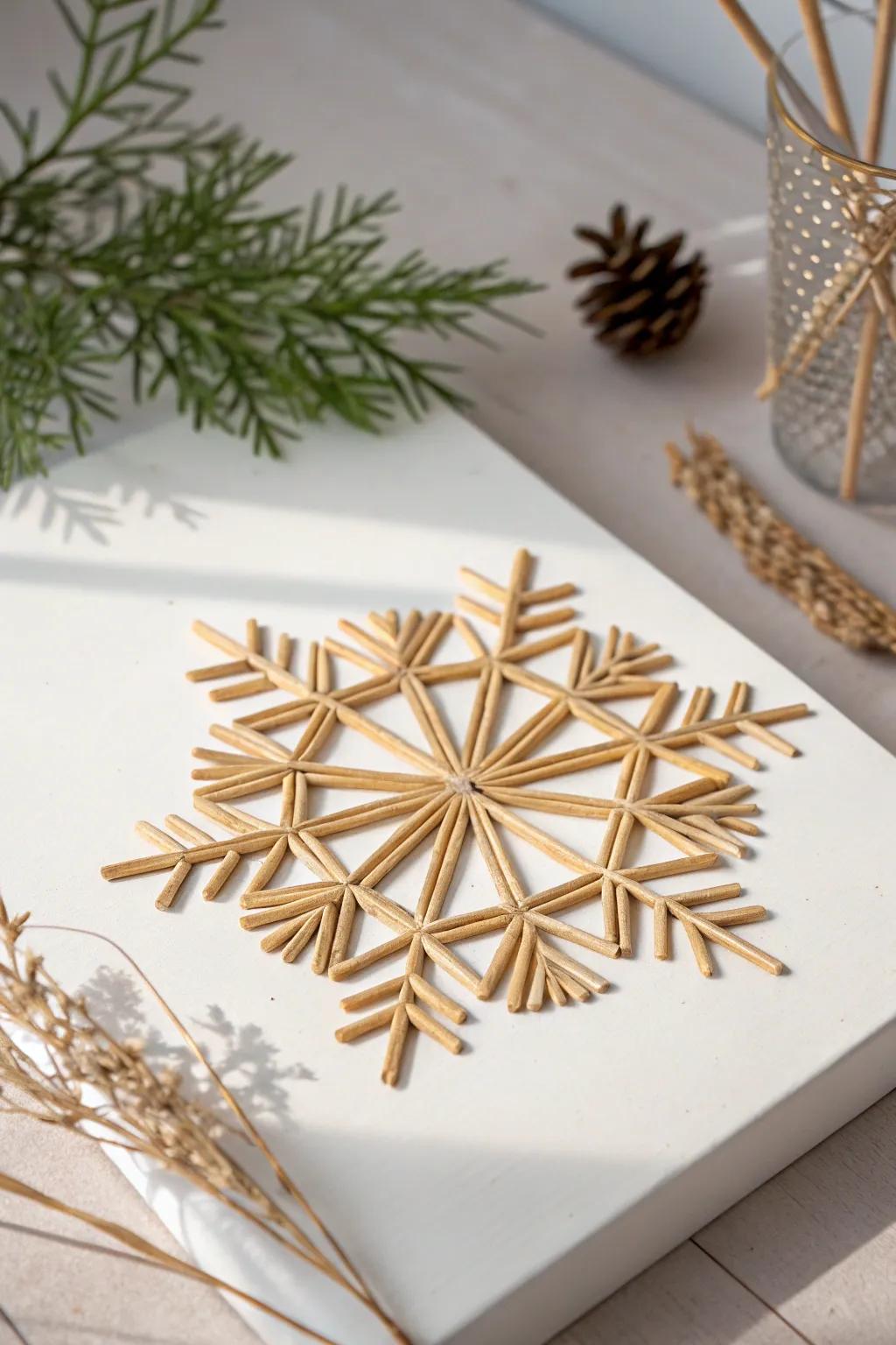 Embrace winter's charm with handcrafted toothpick snowflakes, a testament to simplicity and natural beauty.