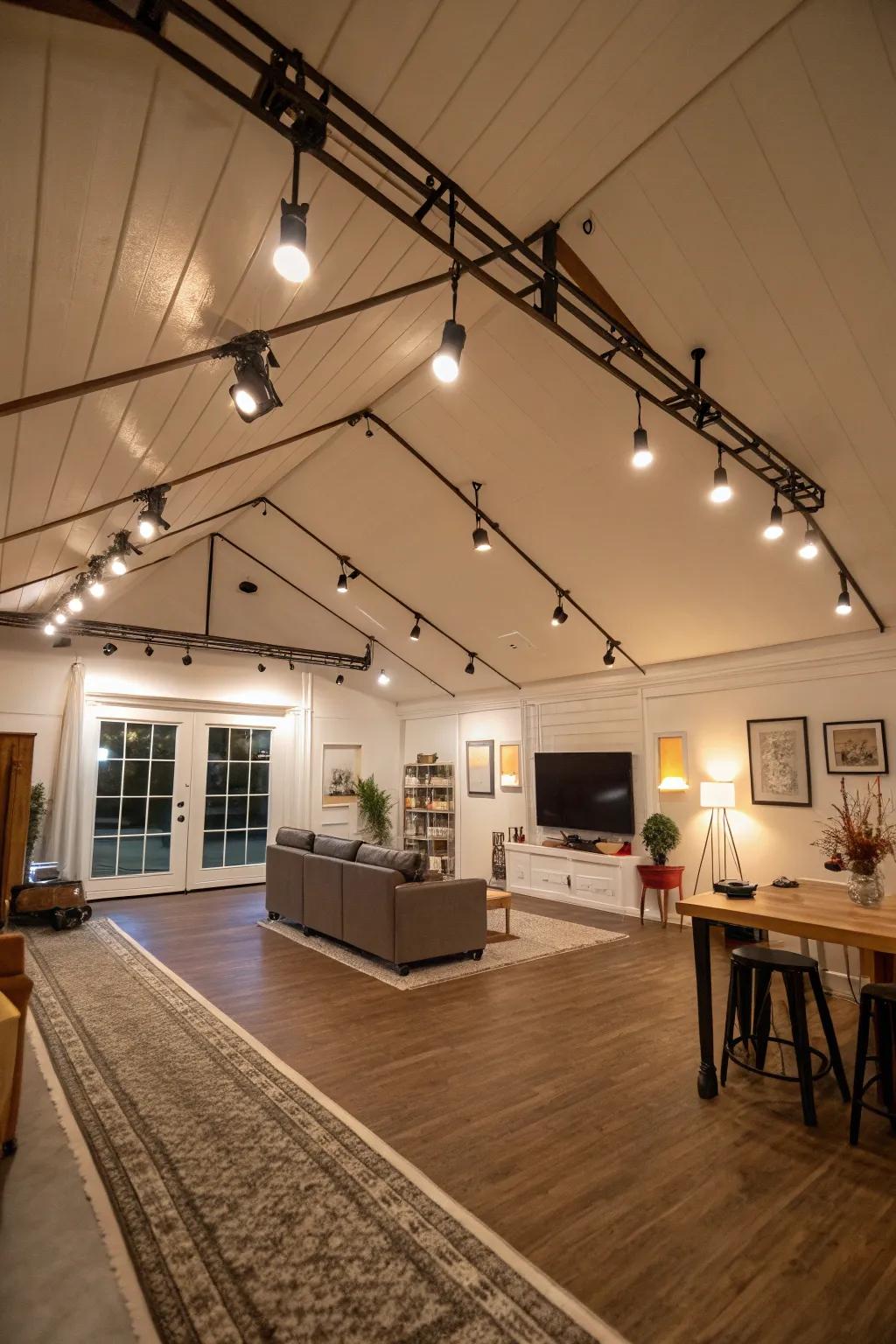 Adaptable track illumination accommodates changes in room layout with ease.