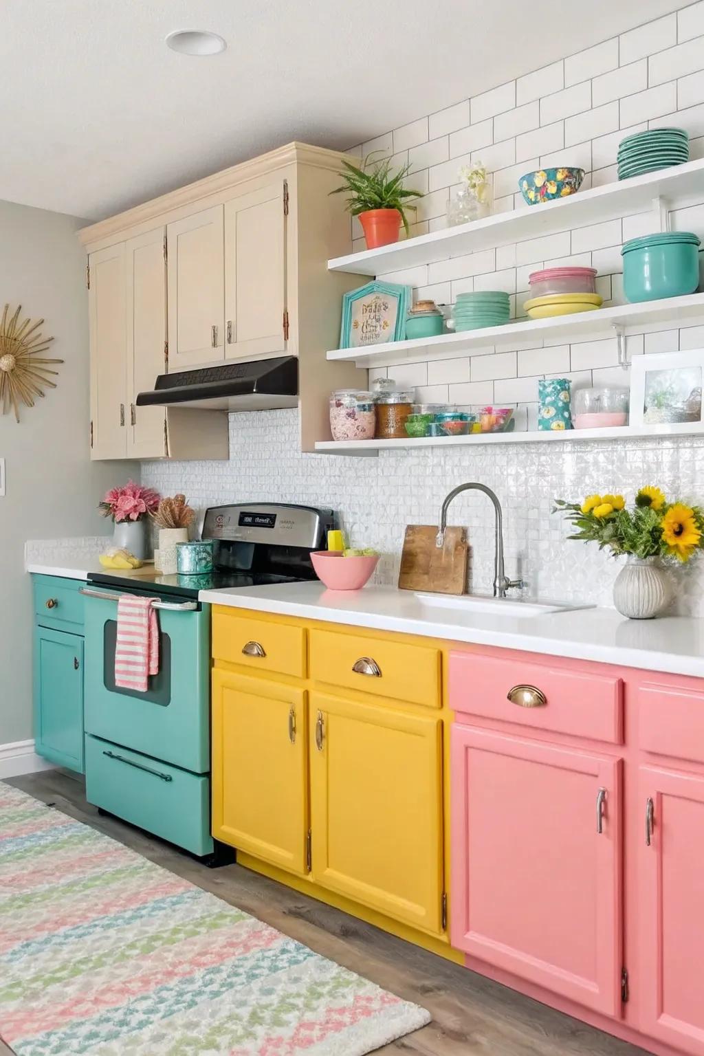 Vibrant accents introduce a lively touch to this kitchen.