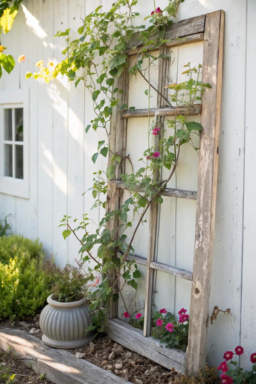 Embrace vintage charm with a reclaimed window frame trellis – where rustic meets elegance in your garden sanctuary.