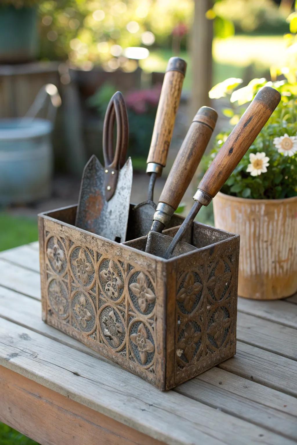Transform your garden tools with style: Repurpose a vintage utensil stand for a chic hand tool display.