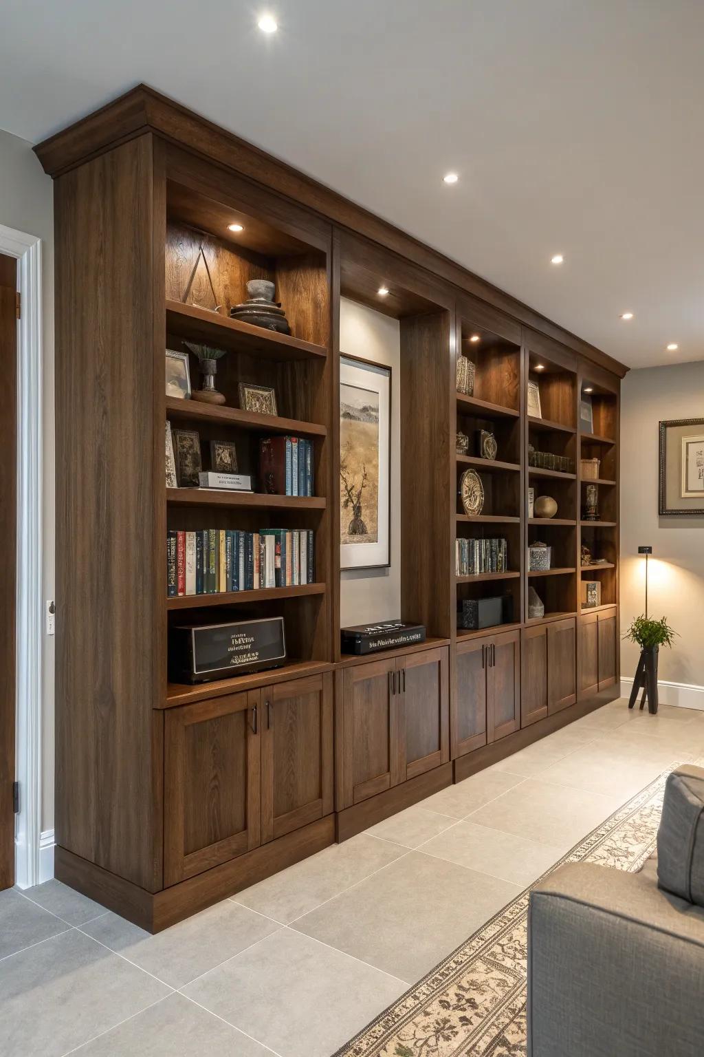 Enhance your space with a stunning integrated bookshelf that unifies practicality with timeless style.