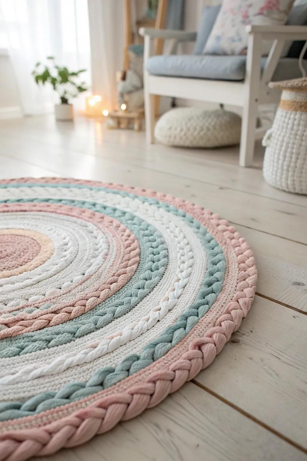 Transform your old t-shirts into a stylish and cozy floor accent with this DIY braided rug idea!