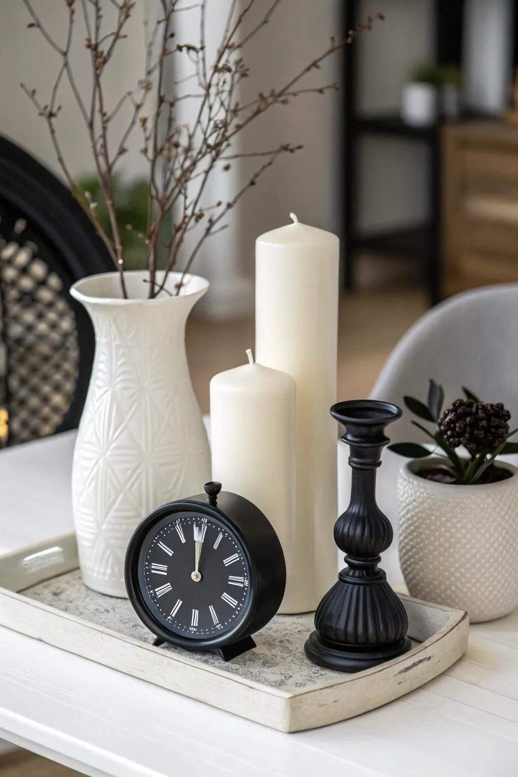 A sleek monochromatic vignette featuring minimalist decor.