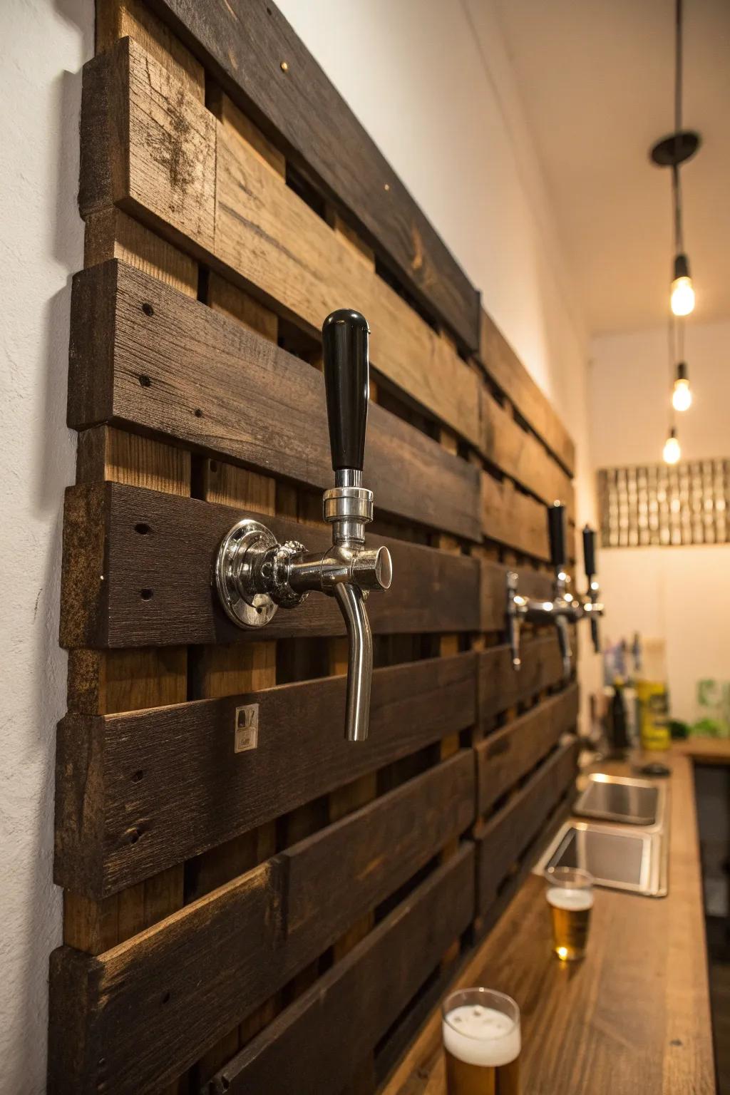Improve your home bar through this fashionable DIY pallet wall beer tap design.