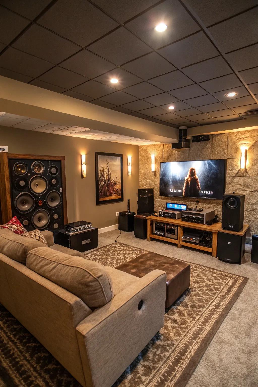 A sound framework conveys opulent audio ventures to a basement.
