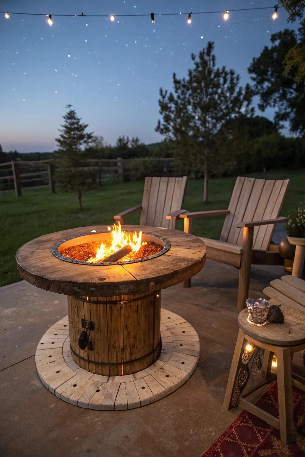 Transform your evenings with this rustic spool fire pit table, perfect for outdoor gatherings.