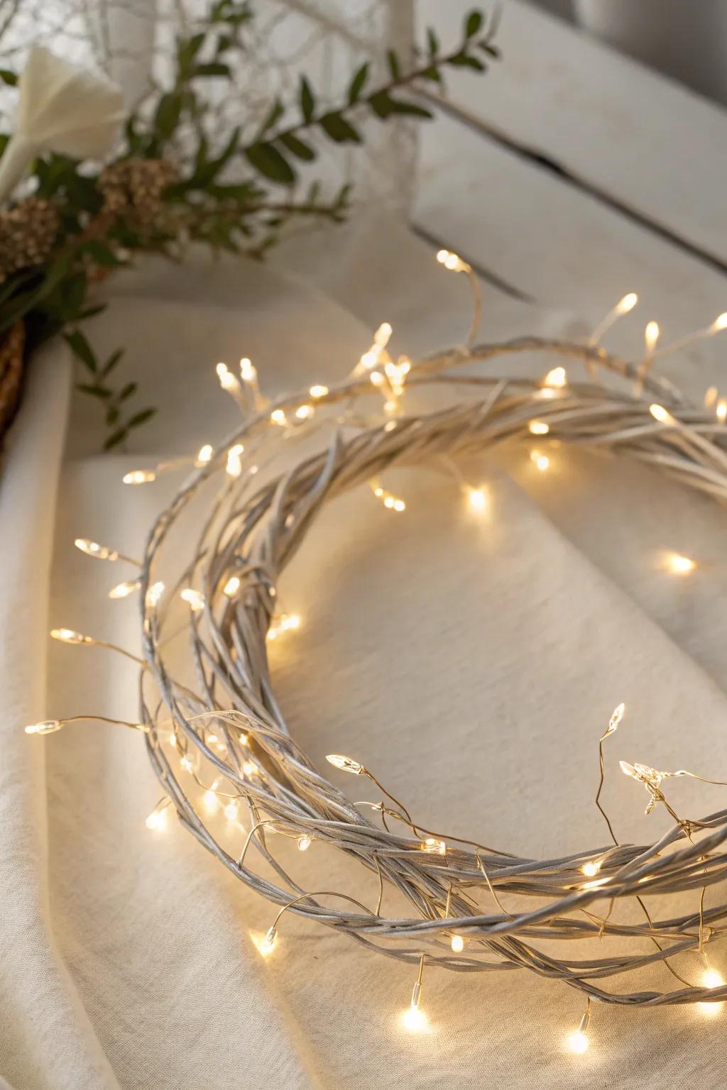 Illuminate your space with a touch of magic: a minimalist metal wreath wrapped in twinkling lights.