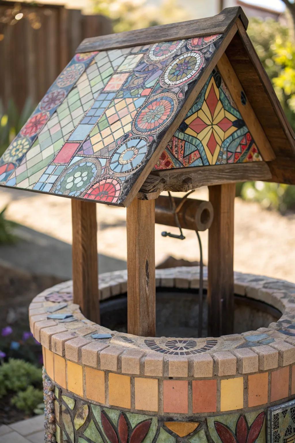 Transform your garden using a captivating fragment tile roof for your wishing well—where art harmonizes with nature.