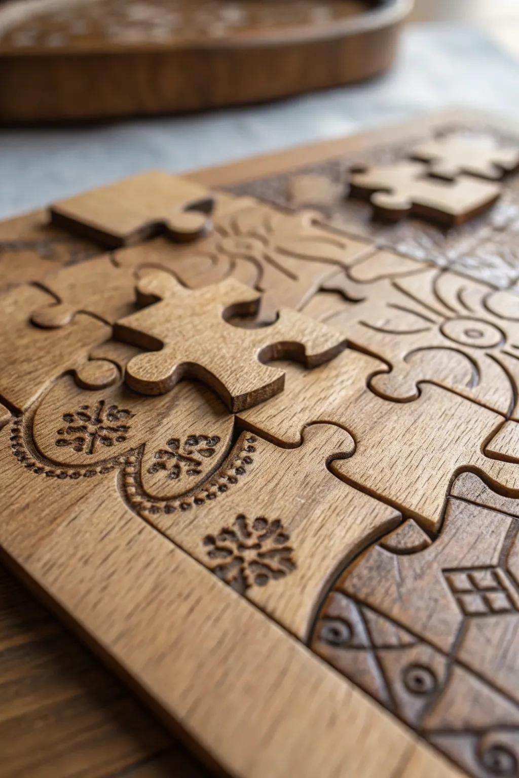 Uncover the artistry of intricate timber etching with this stunning jigsaw tile. A seamless fusion of challenge and display.