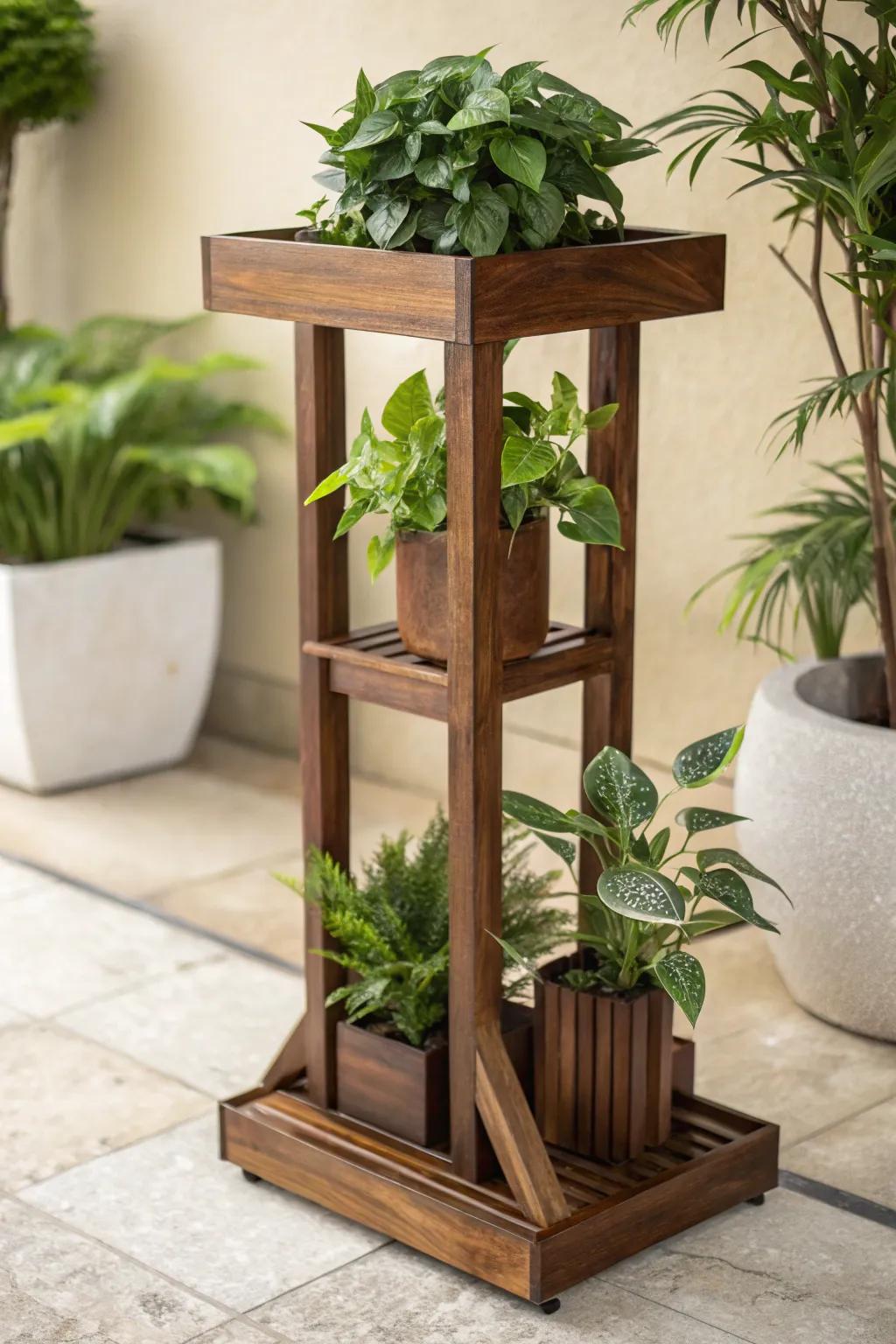Enhance your home decor with this stunning wood plant display, ideal for showcasing your favorite greenery.