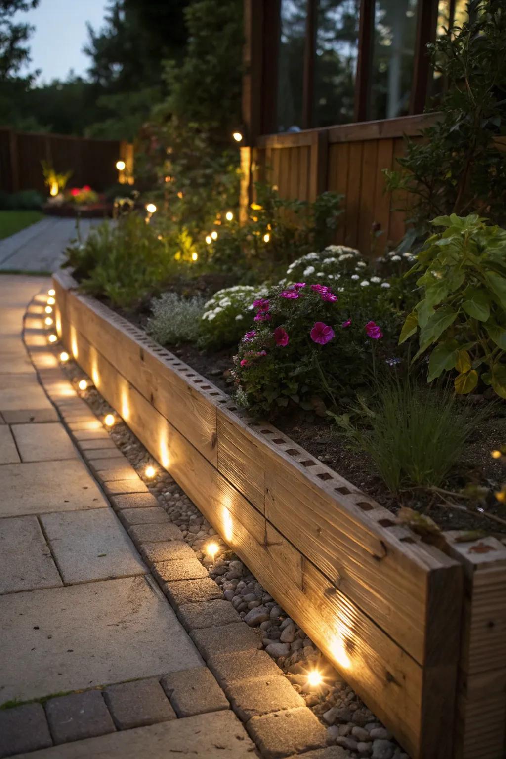 Transform your garden through elegant wood edging coupled with ambient lighting, conjuring a magical nocturnal fascination.