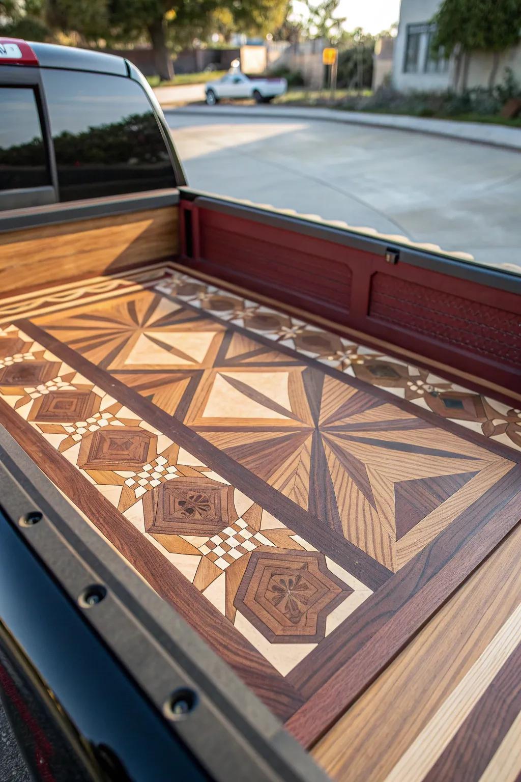 Elevate your truck bed with the timeless elegance of artistic lumber marquetry.