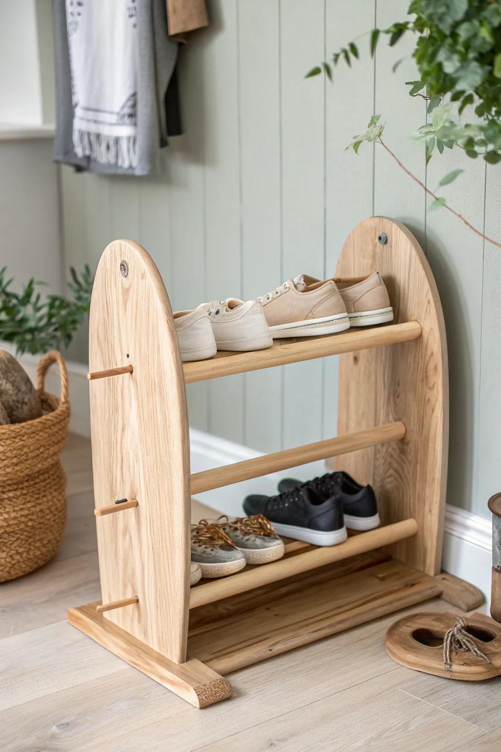 With a charming wooden spool shoe rack that combines simplicity and Scandinavian elegance, you can transform your entryway.