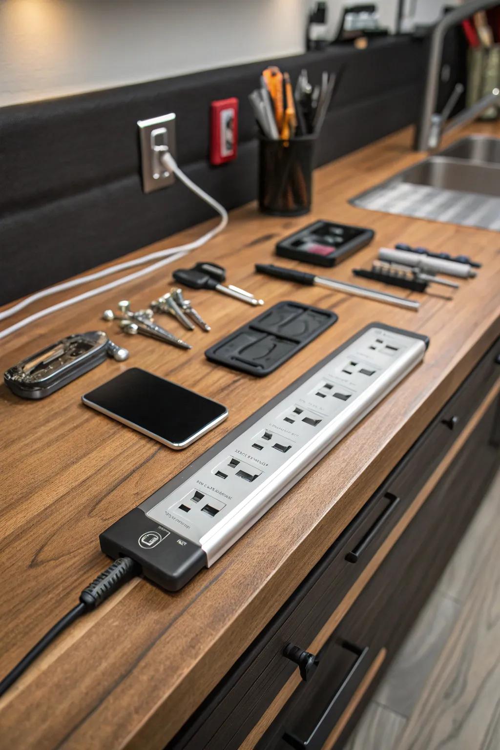 Optimize your workspace with a surface-mounted power strip for quick and effortless access.