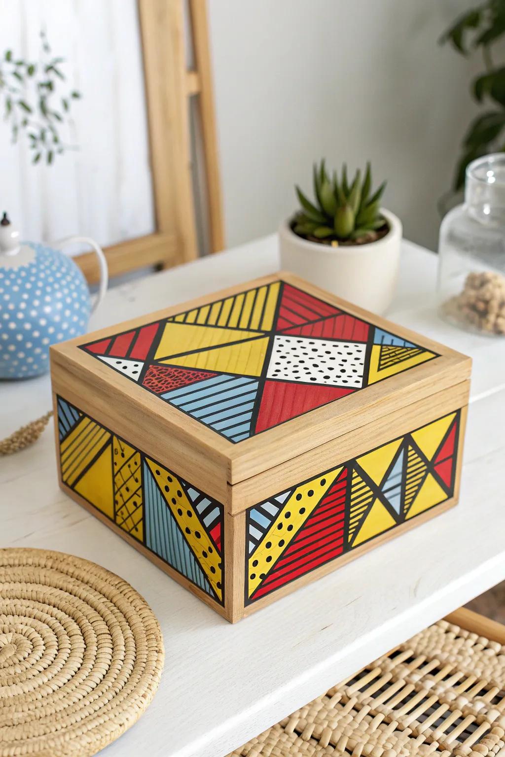 Impart a burst of persona into your décor through this Avant-Garde Art-inspired box, wherein vibrant design encounters minimalist charm.