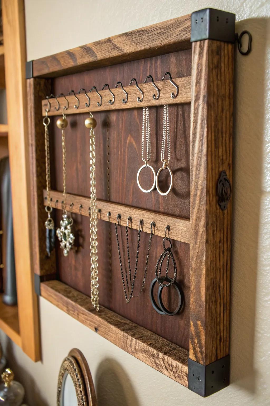 Master the craft of organizational methodology through the incorporation of this hand-fashioned timber jewelry holder.