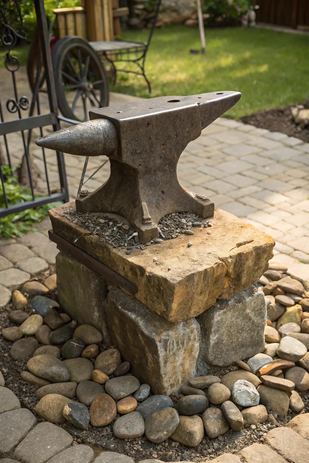 Artistry meets nature: Anvil stand on a natural stone foundation.