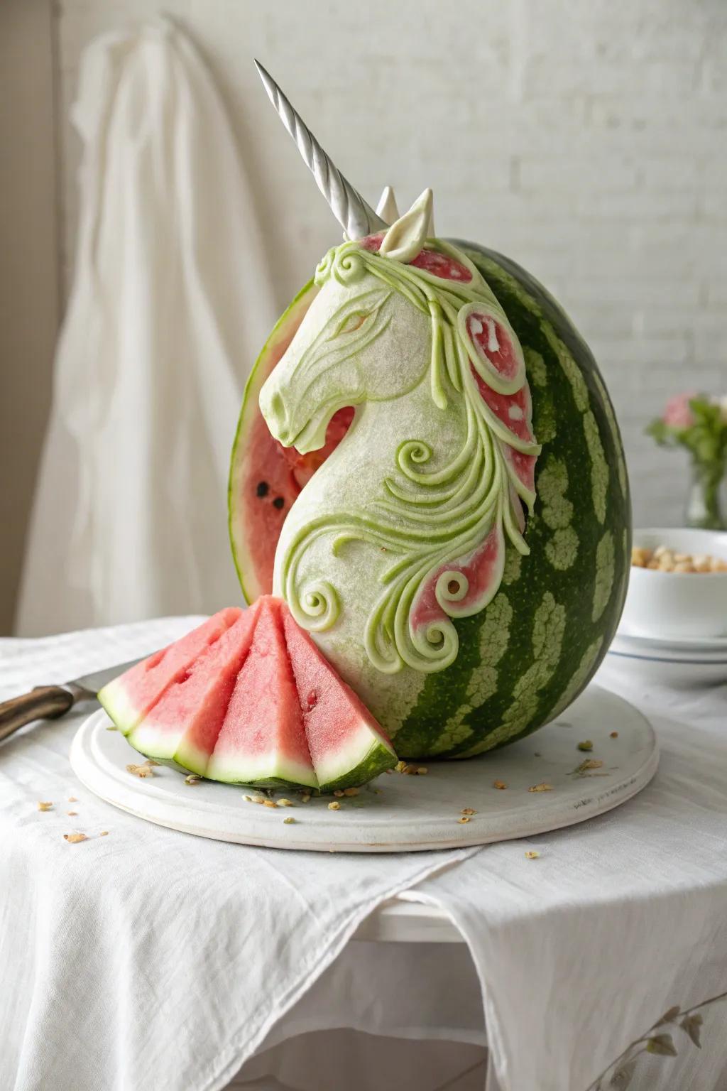 Transform your gathering with enchanting tropical fruit artistry: a mythical unicorn that captivates with simplicity and charm.