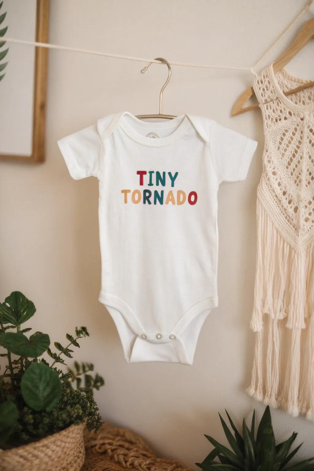 Embrace the whirlwind with style - 'Miniature Twister' onesie for your little force of nature!