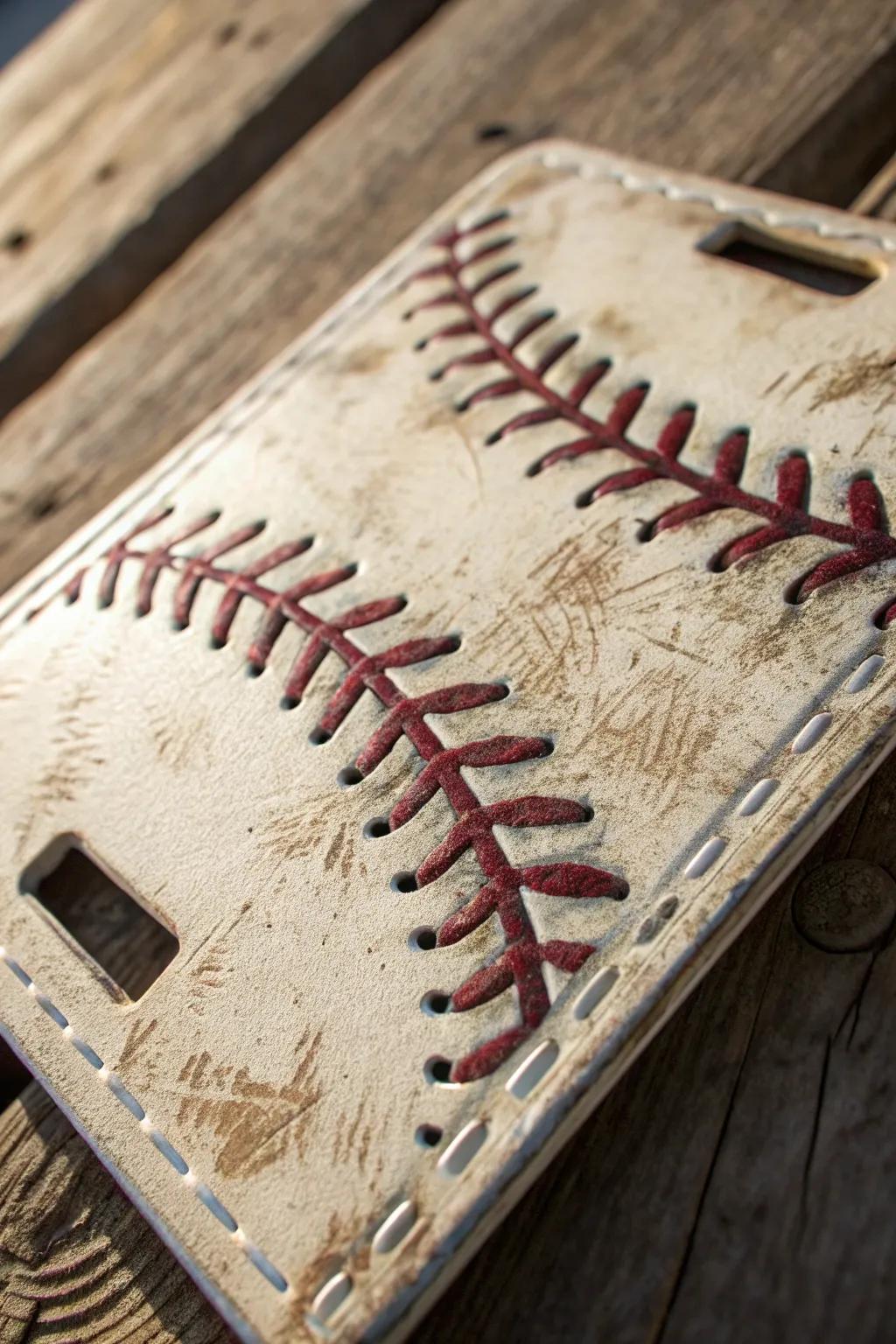 Capture the rugged allure of baseball with an aged license plate aesthetic.