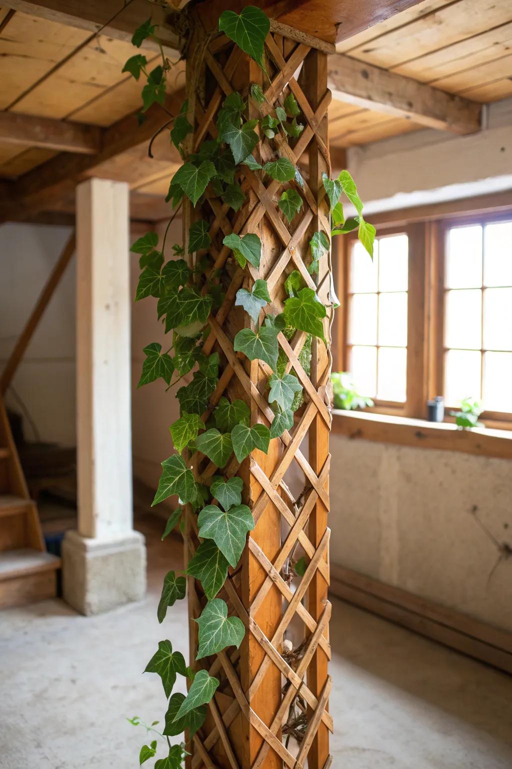 Change your space with a touch of nature and craftsmanship: Lattice coverings for a lush basement vibe.