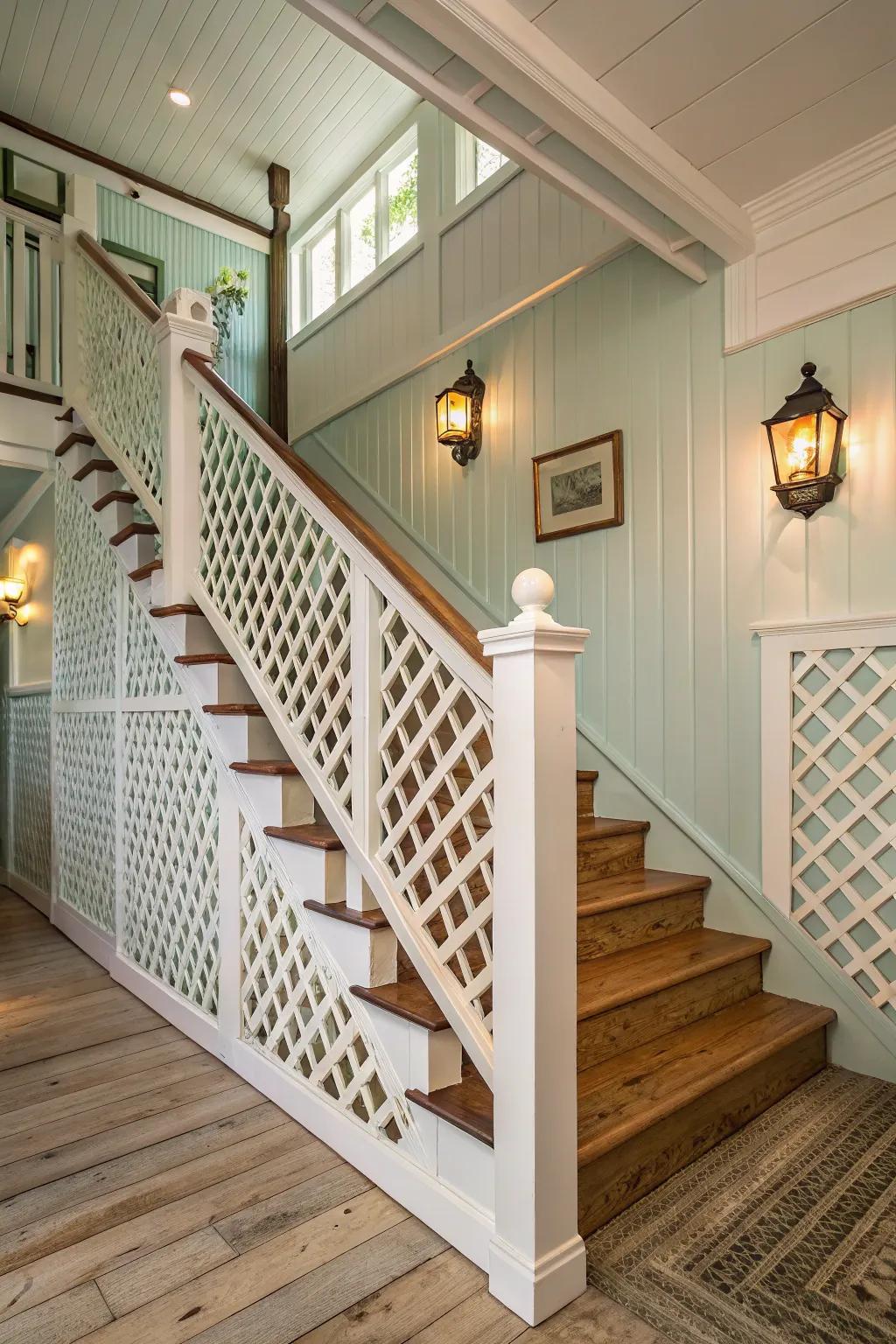 Woven-pattern railings add a whimsical and airy touch to basements.
