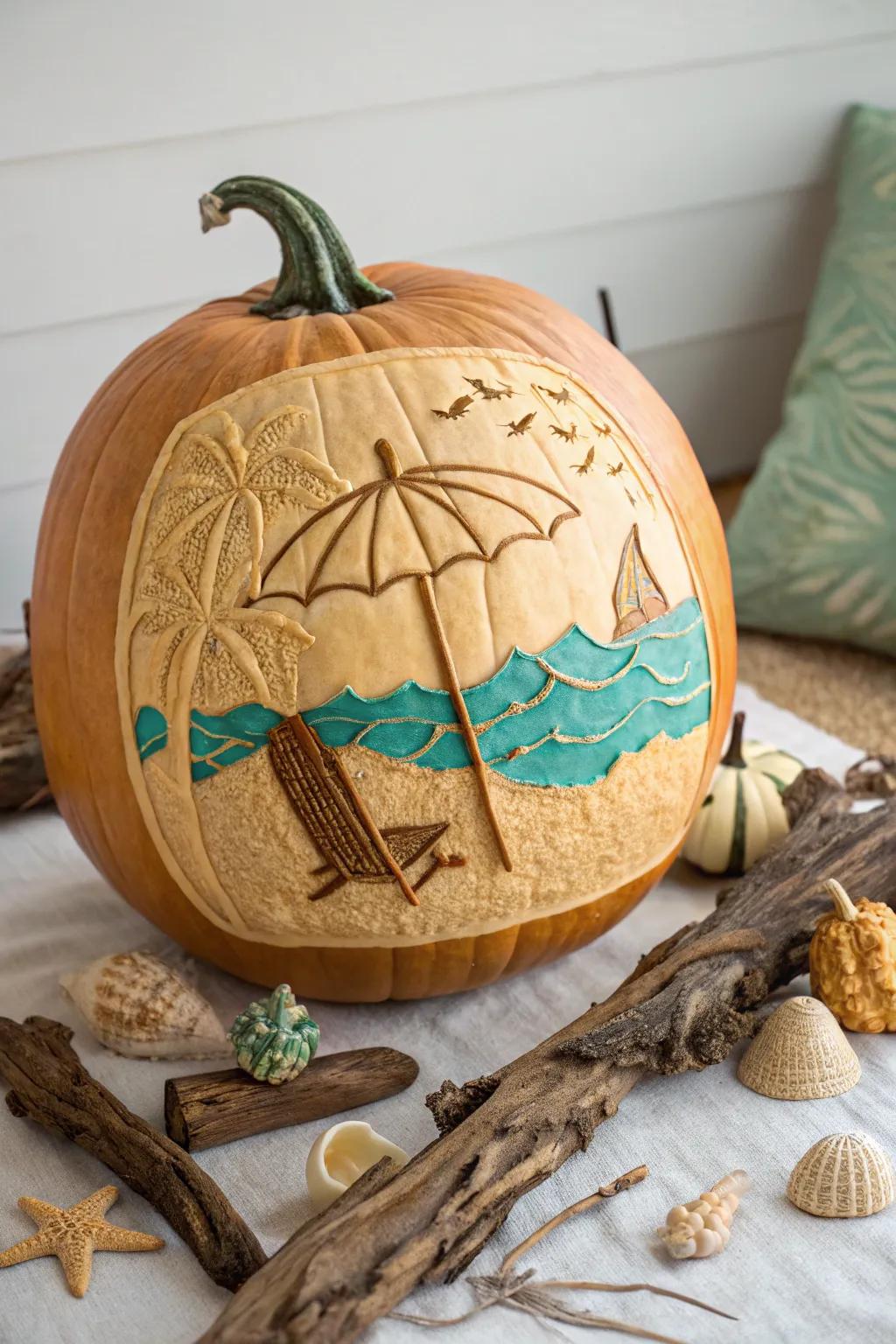 Bring the coastline to your doorstep using this exquisitely etched pumpkin umbrella scene.