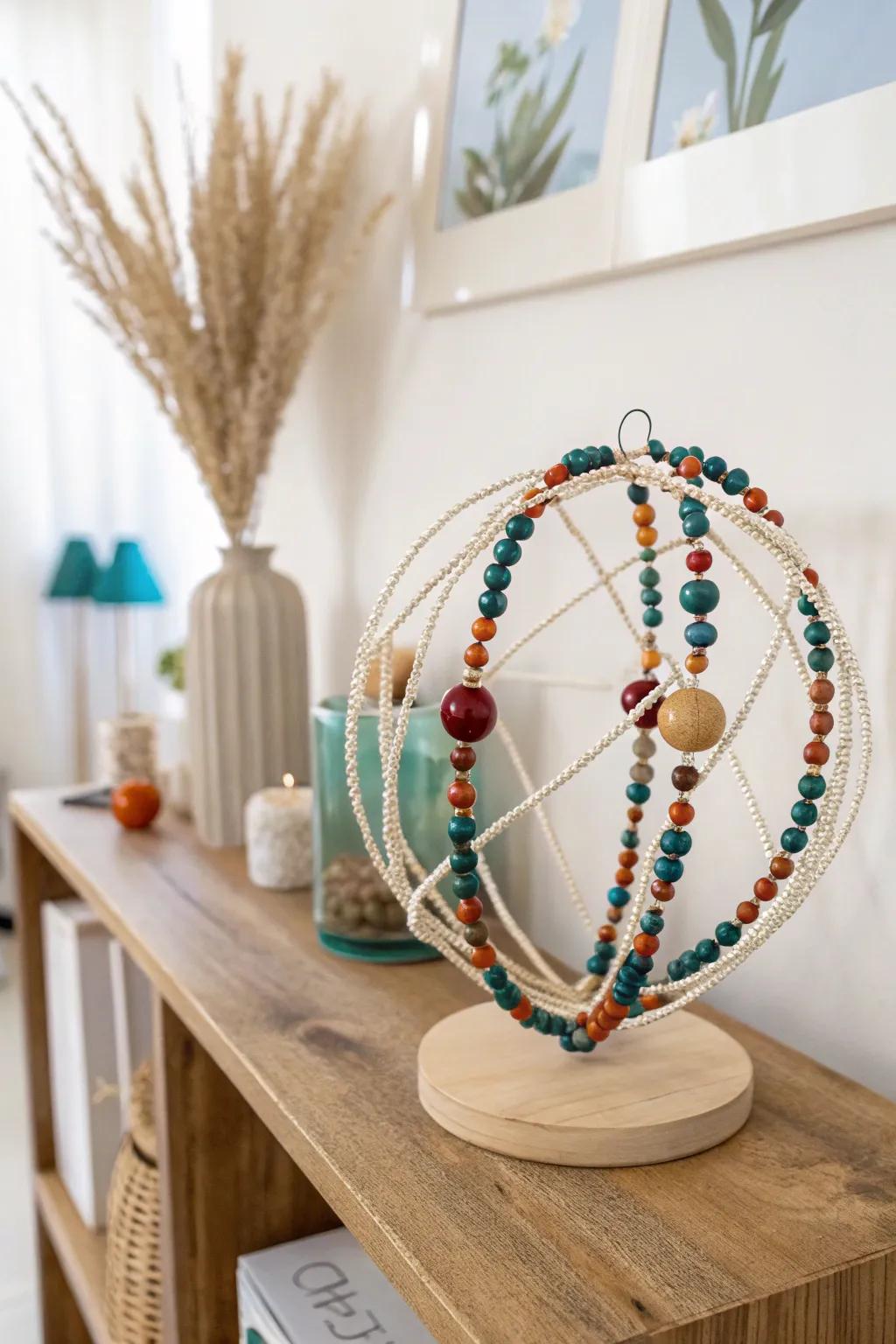 Crafted Sophistication: Transform your space with this stunning bead and filament sculpture, where simplicity meets vibrant artistry.