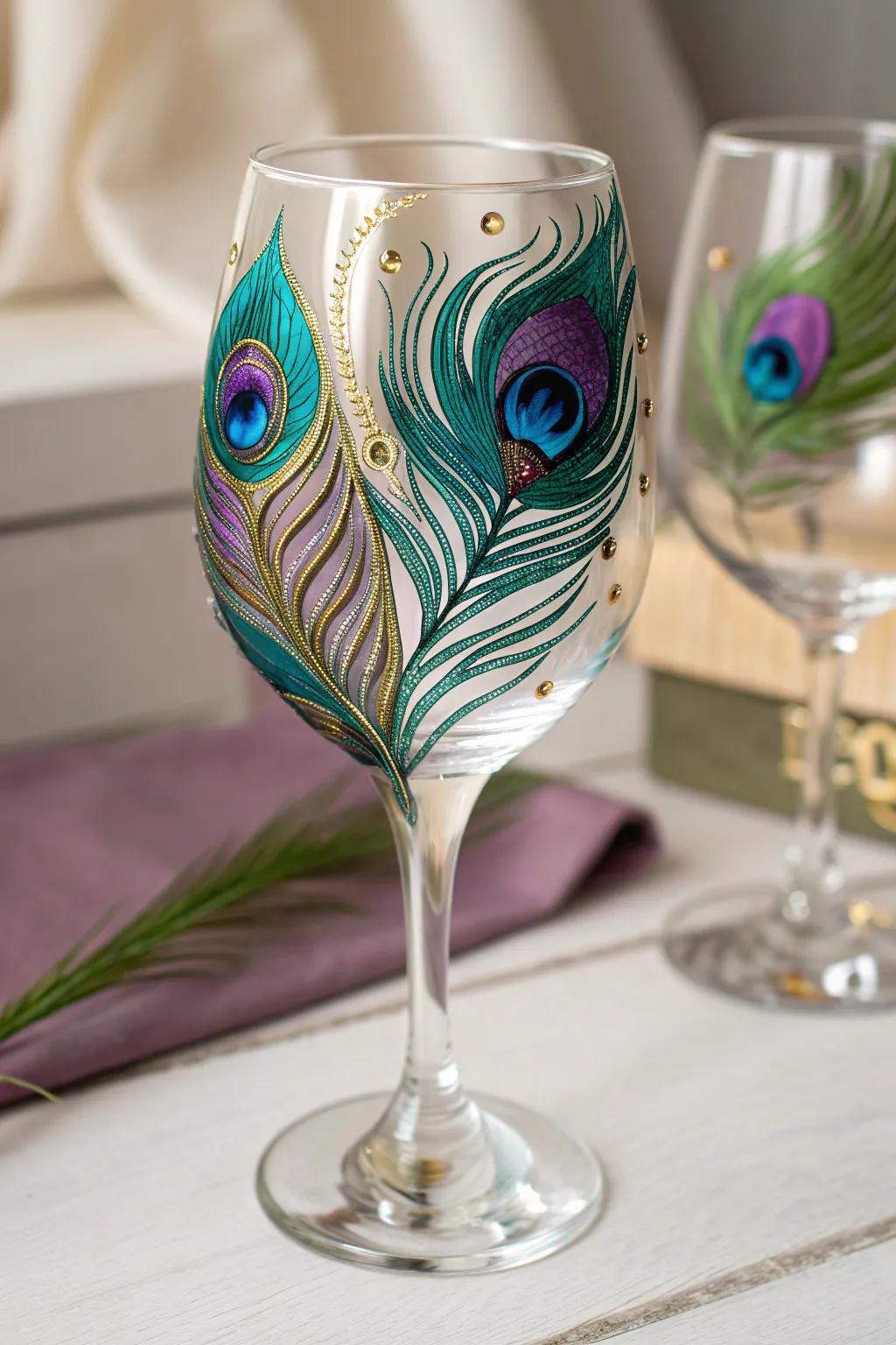 Embrace elegance with peacock plumes on your wine glass, a stunning fusion of color and artistry.