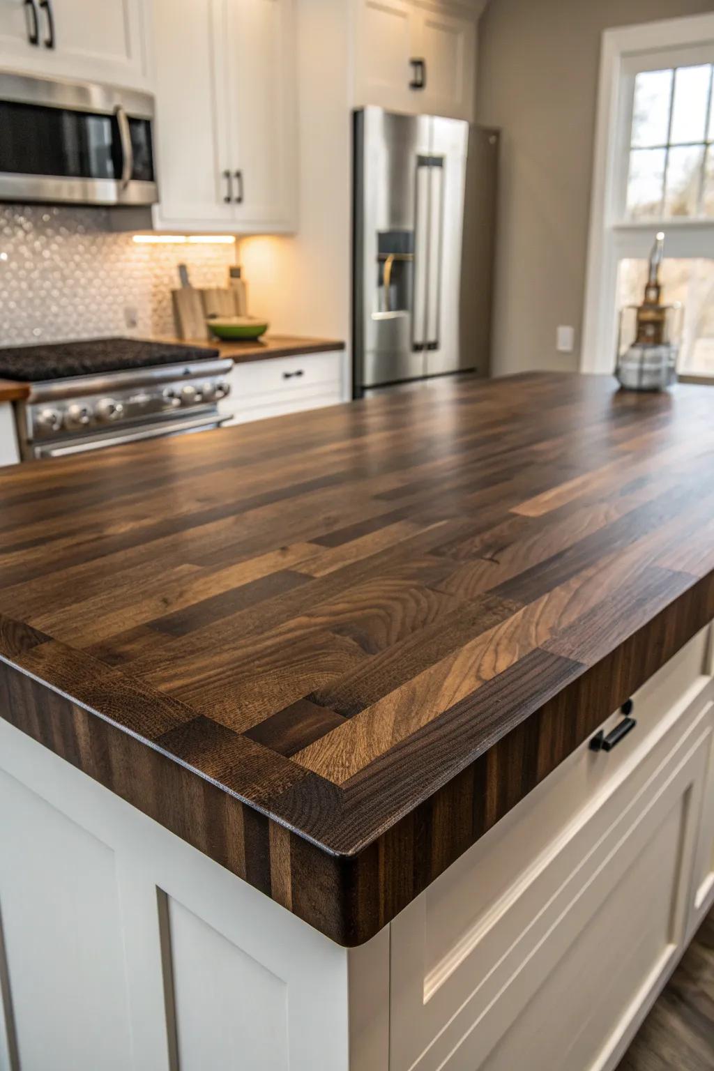 Transform your culinary space with the luxurious refinement of an mocha-tinted butcher block.