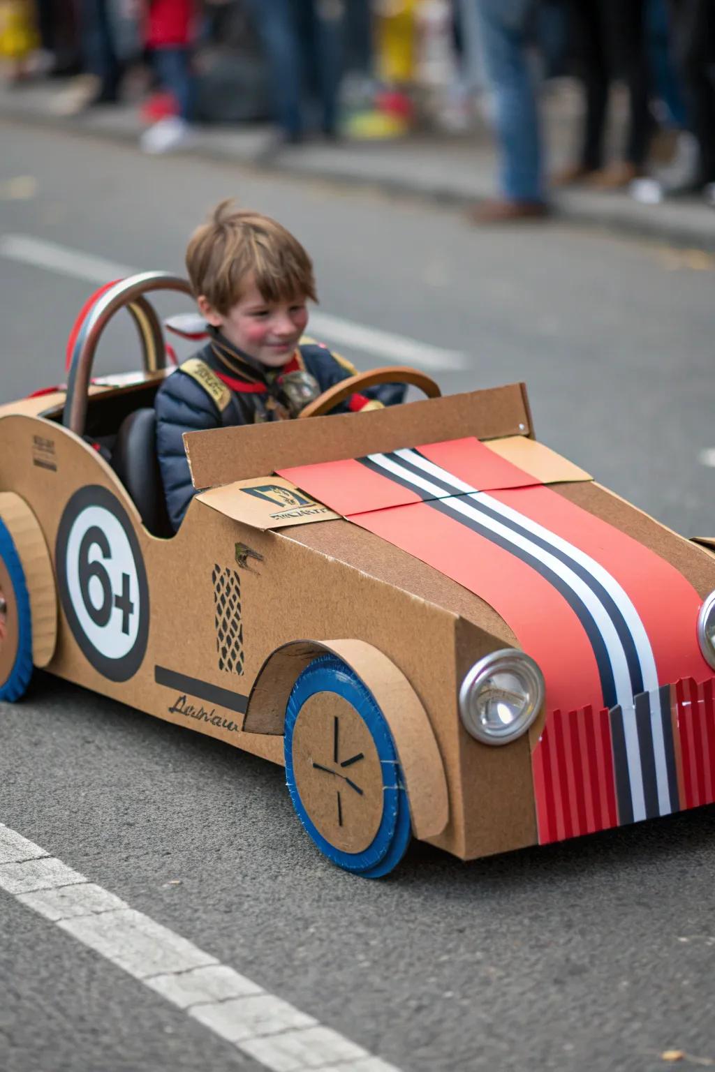 Step into the fast lane with this stunning wearable cardboard race car garment!