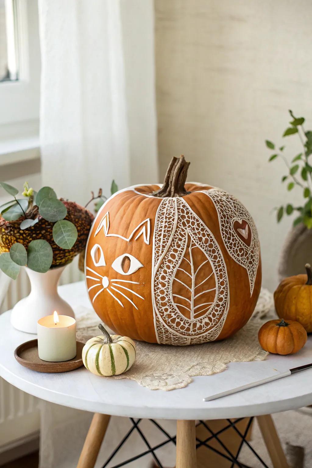 Elegance meets whimsy with this lace-patterned feline pumpkin—perfect for a chic, autumnal element.